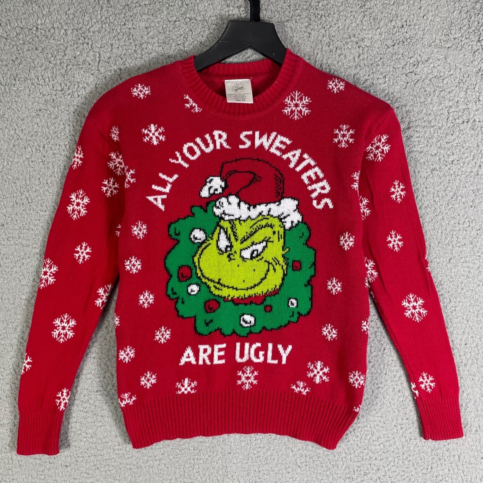 Grinch Ugly Christmas Sweater Kids XS Red Dr Seuss Holiday Knit Pullover - Thumbnail 4