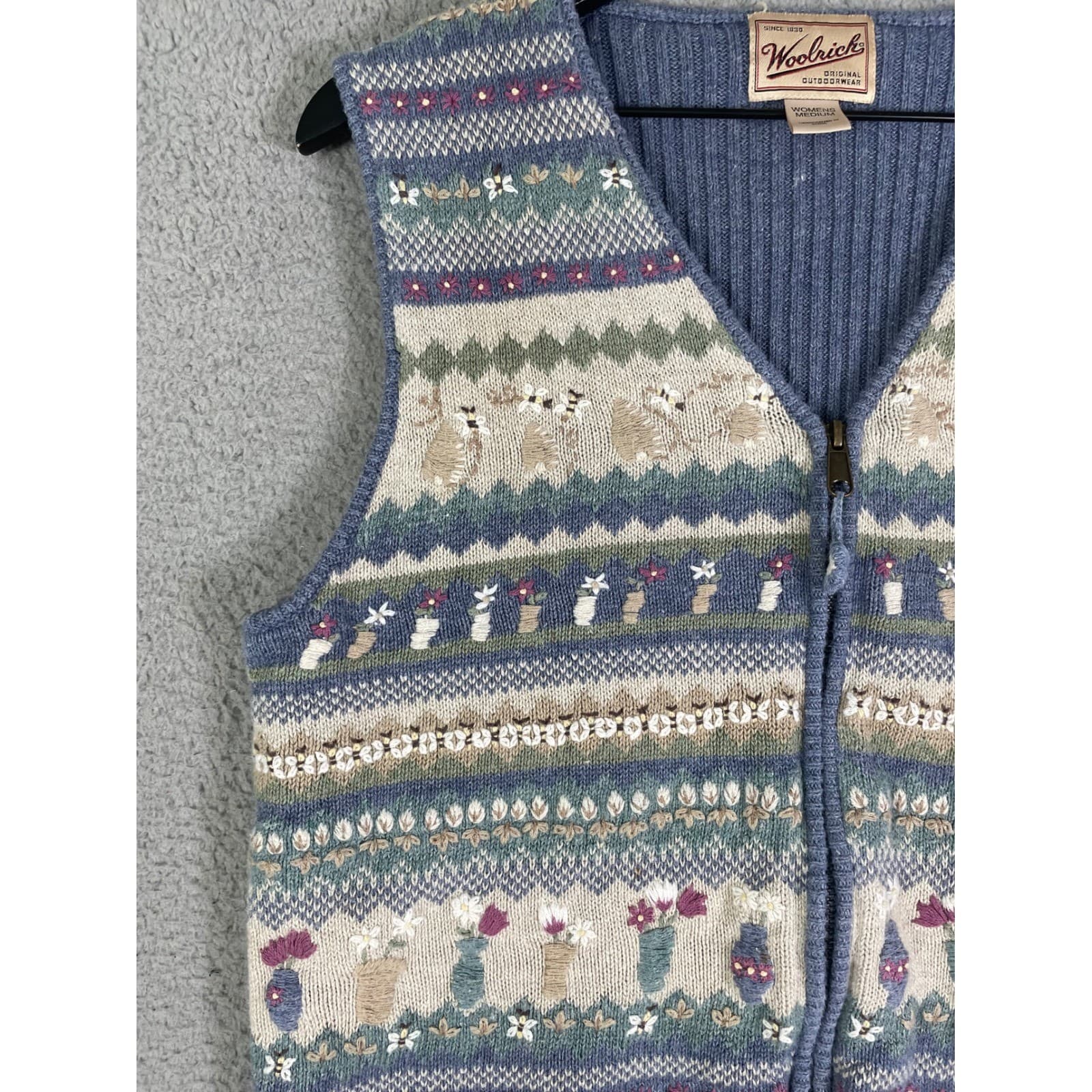 Woolrich Womens M Wool Blend Sweater Vest Zip Floral Fair Isle Cottagecore Blue - Thumbnail 7
