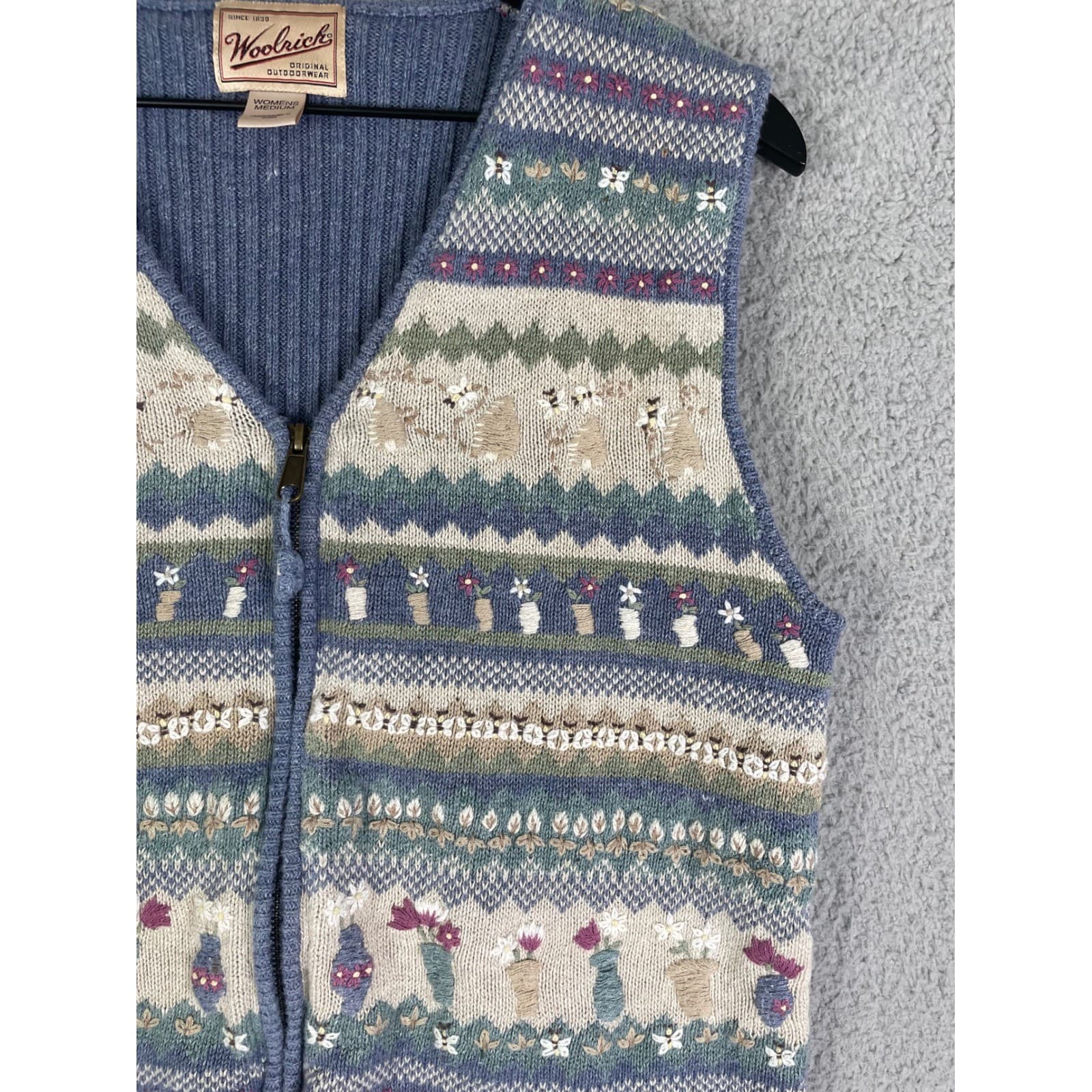 Woolrich Womens M Wool Blend Sweater Vest Zip Floral Fair Isle Cottagecore Blue - Thumbnail 8
