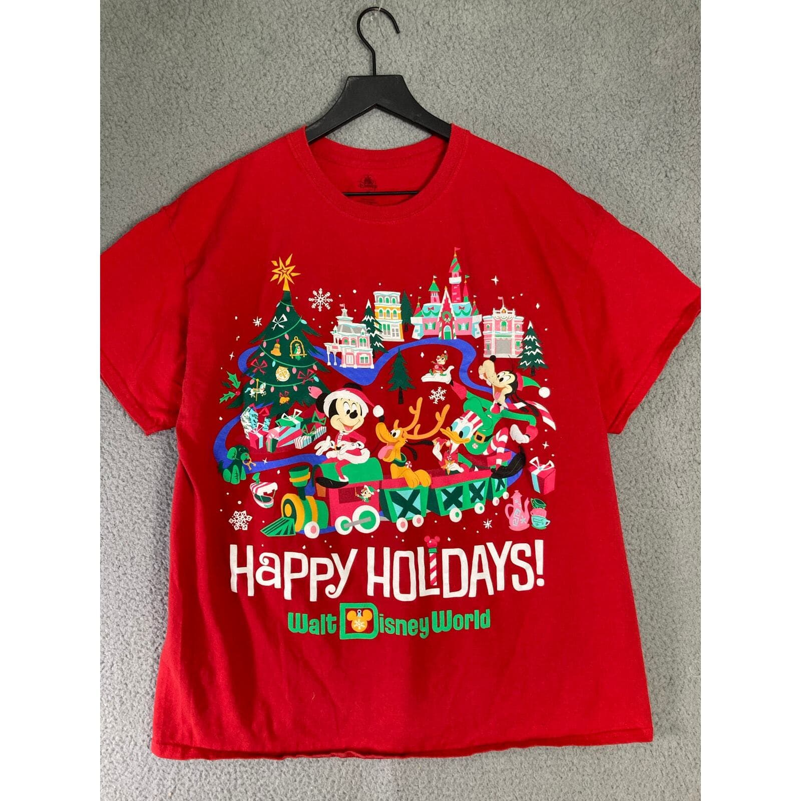 Disney Parks Happy Holidays T-Shirt XL Red Mickey & Friends Graphic Print - Thumbnail 4