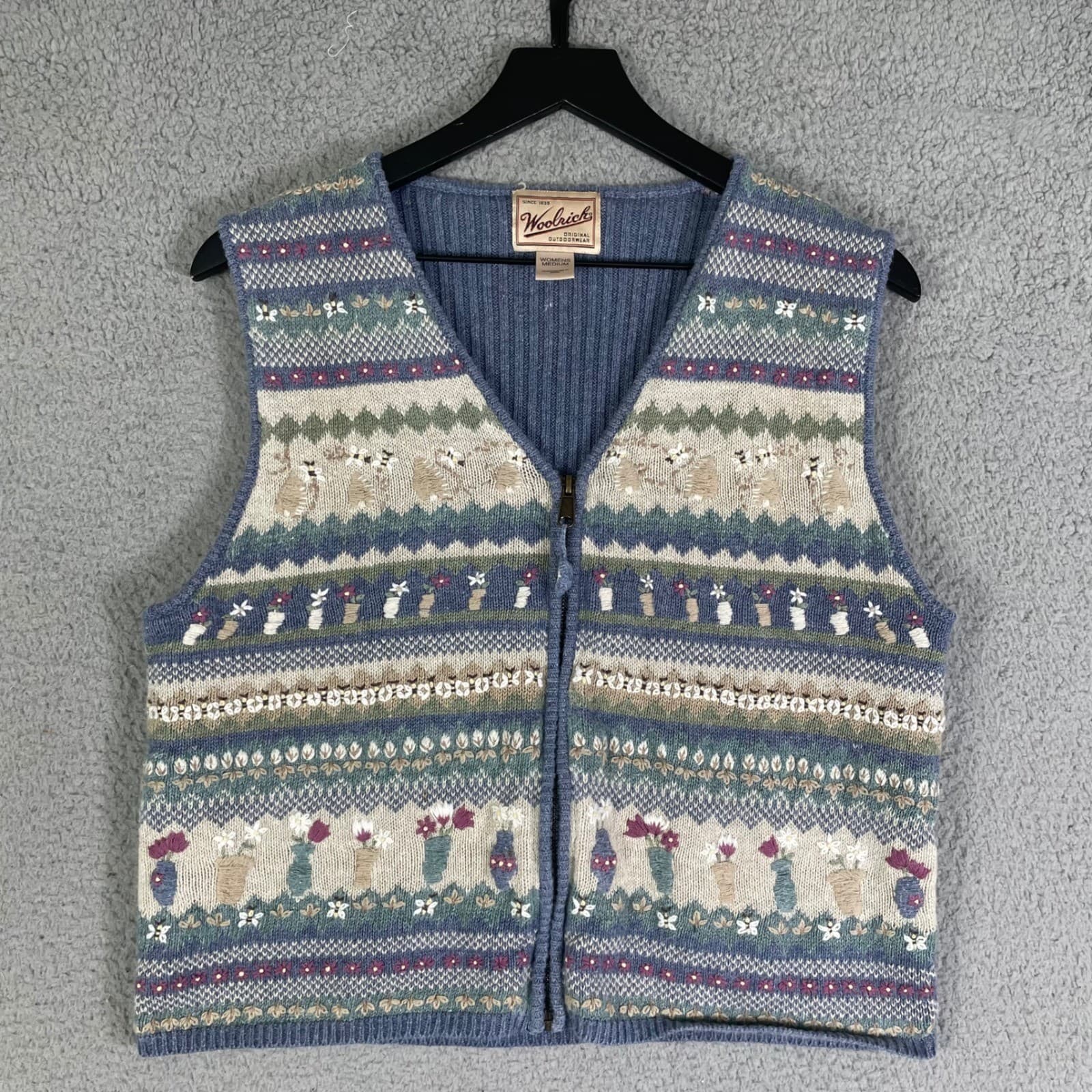 Woolrich Womens M Wool Blend Sweater Vest Zip Floral Fair Isle Cottagecore Blue - Thumbnail 4