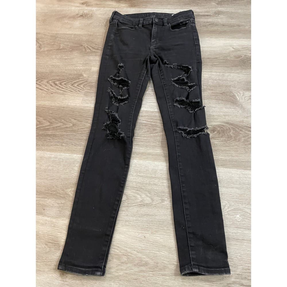 American Eagle Next Level Stretch Jeans Womens 4 Black Distressed Skinny - Thumbnail 9