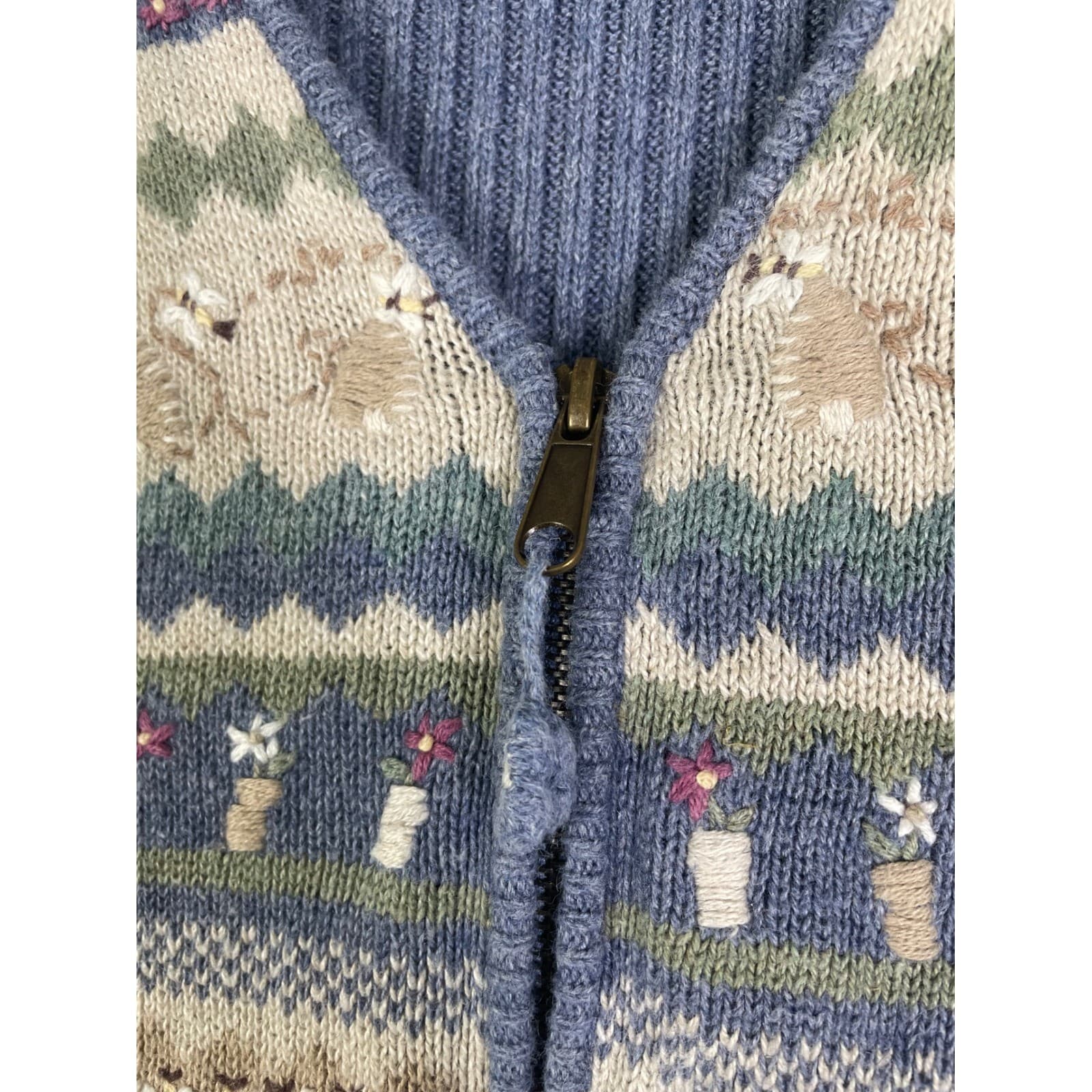 Woolrich Womens M Wool Blend Sweater Vest Zip Floral Fair Isle Cottagecore Blue - Thumbnail 9