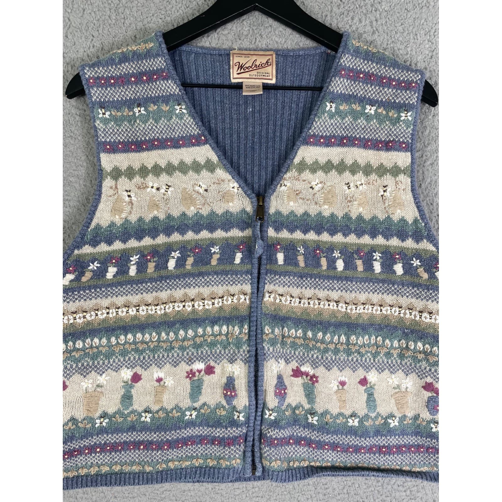 Woolrich Womens M Wool Blend Sweater Vest Zip Floral Fair Isle Cottagecore Blue - Thumbnail 6