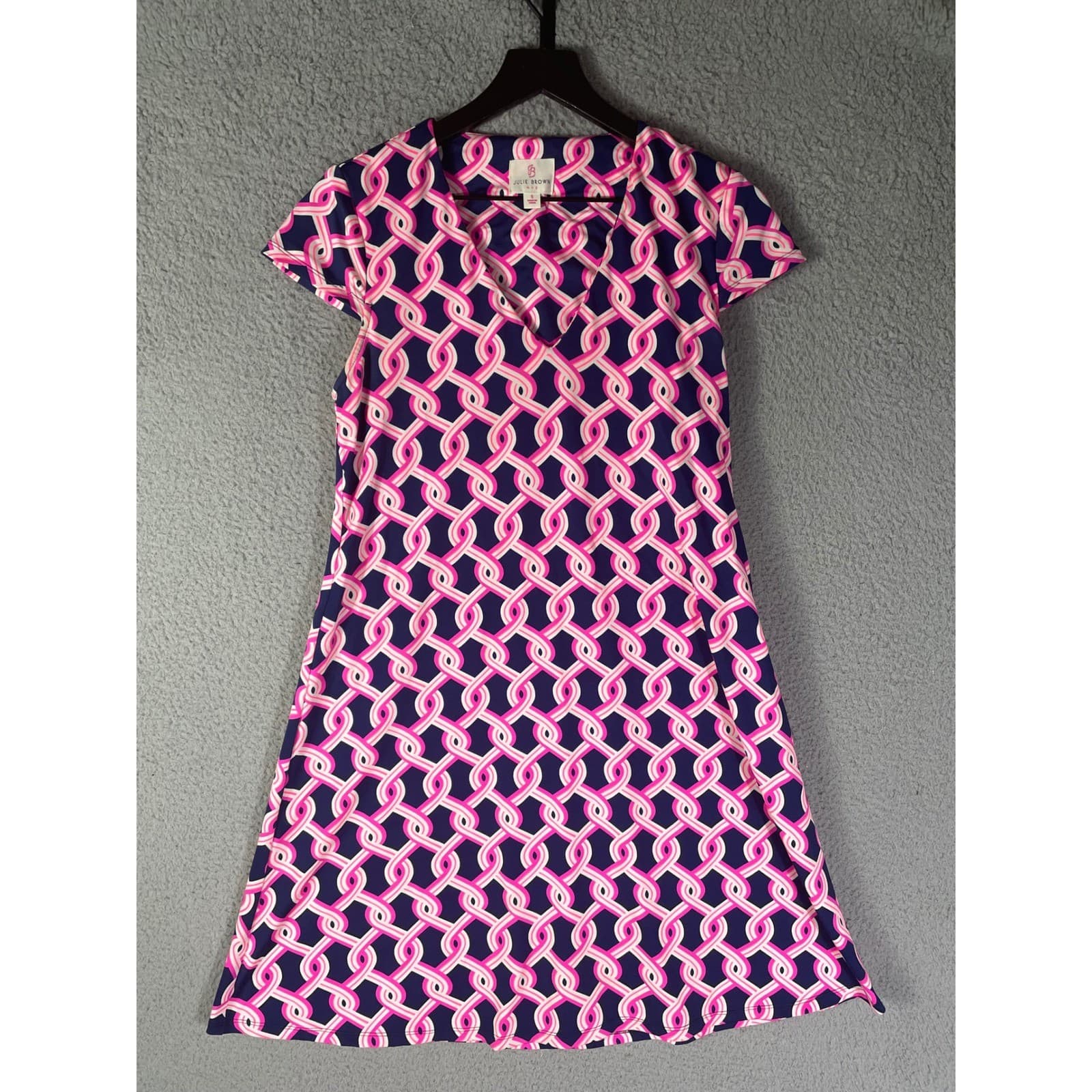 Julie Brown NYC Dress Women's Small Pink Navy Blue Print Short Sleeve Chic - Thumbnail 4