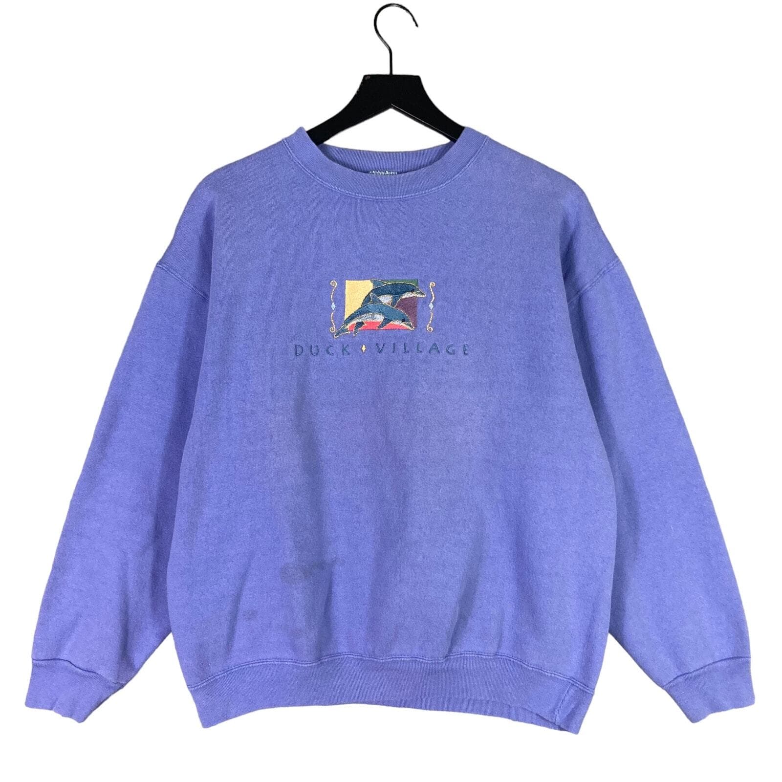 Vintage Duck Village Dolphin Sweatshirt USA Made Blue Embroidered Crewneck L