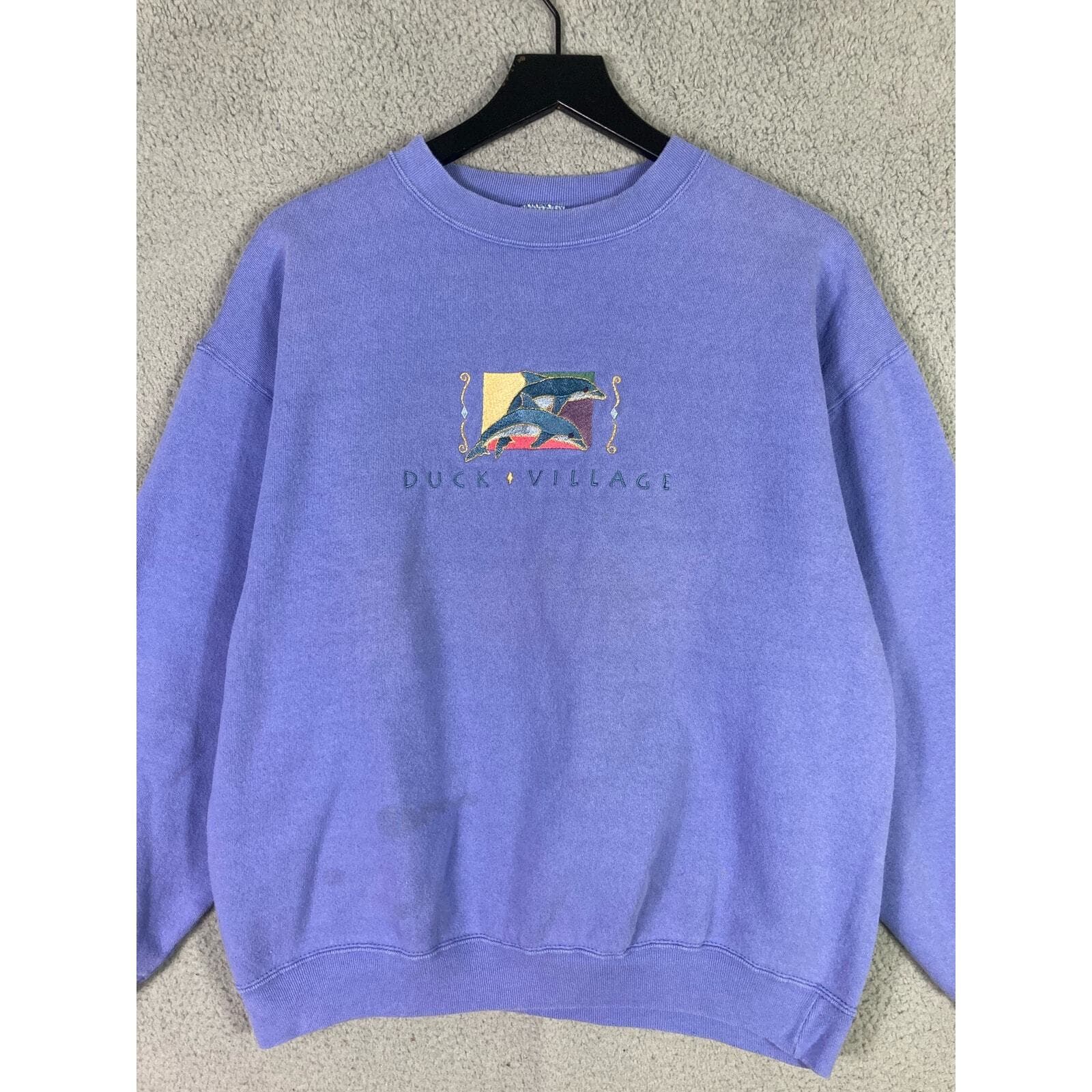 Vintage Duck Village Dolphin Sweatshirt USA Made Blue Embroidered Crewneck L - Thumbnail 5
