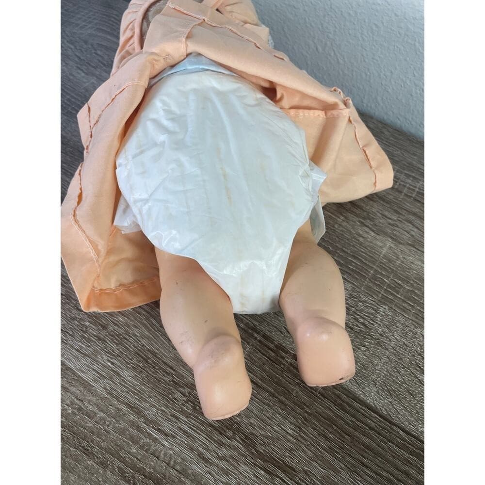 Vintage Eegee Softina Baby Doll 17” 1960s Vinyl Peach Dress Bonnet EG Mark - Thumbnail 7
