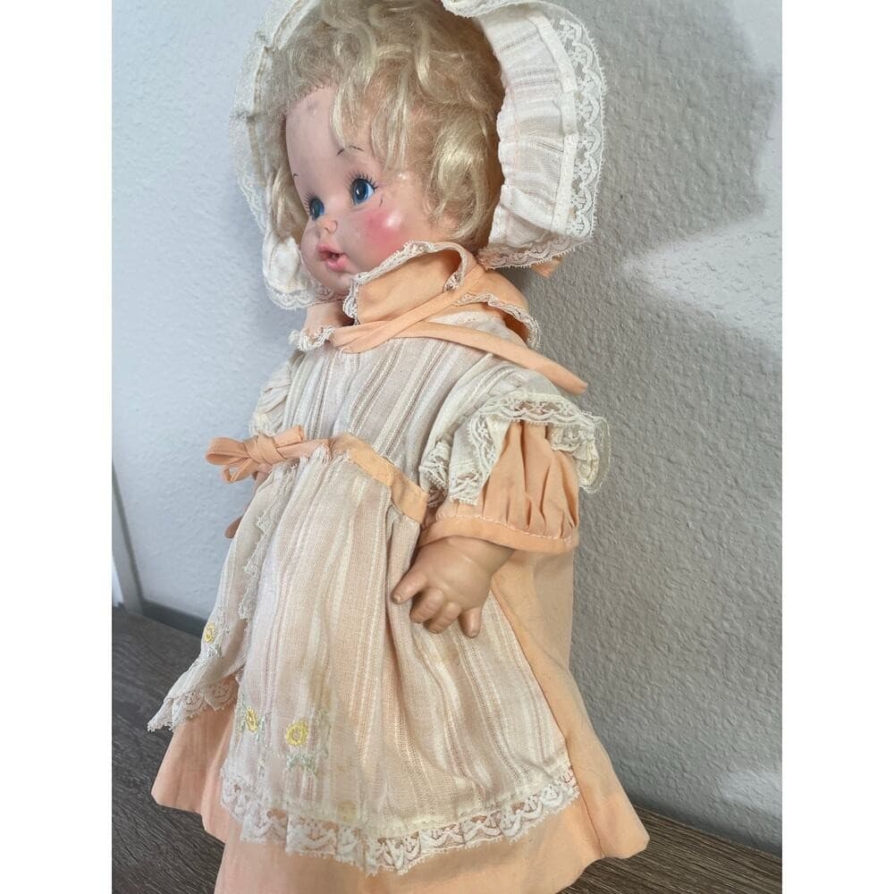 Vintage Eegee Softina Baby Doll 17” 1960s Vinyl Peach Dress Bonnet EG Mark - Thumbnail 11