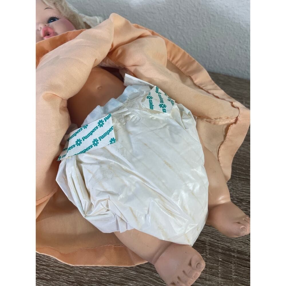 Vintage Eegee Softina Baby Doll 17” 1960s Vinyl Peach Dress Bonnet EG Mark - Thumbnail 6