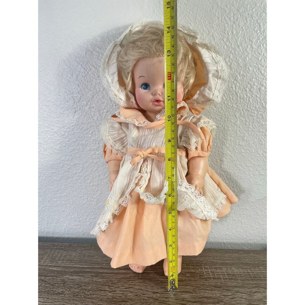 Vintage Eegee Softina Baby Doll 17” 1960s Vinyl Peach Dress Bonnet EG Mark - Thumbnail 2