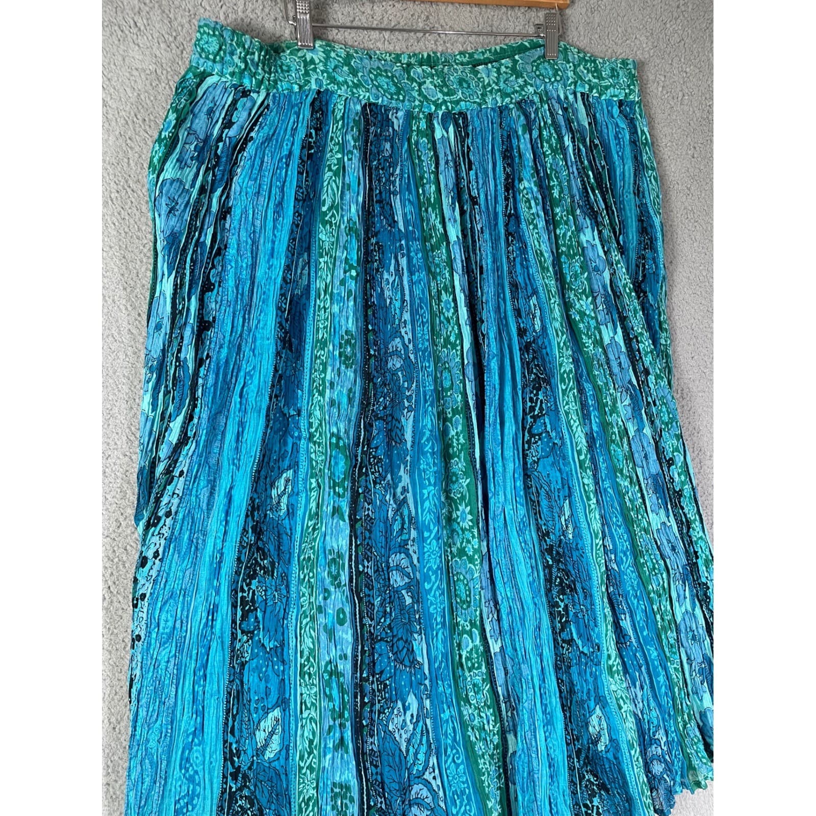 Silver Stream Boho Maxi Skirt Blue Teal Crinkle Cotton Drawstring - Thumbnail 10