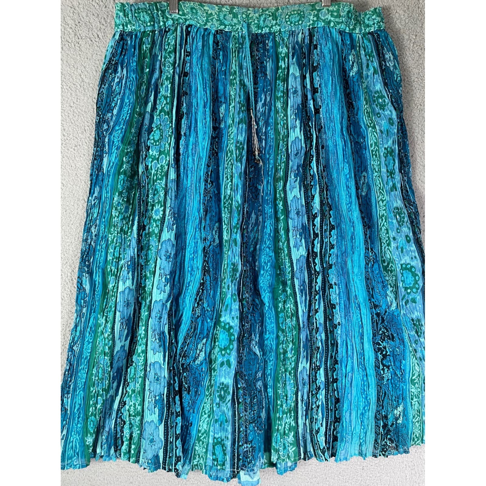 Silver Stream Boho Maxi Skirt Blue Teal Crinkle Cotton Drawstring - Thumbnail 6
