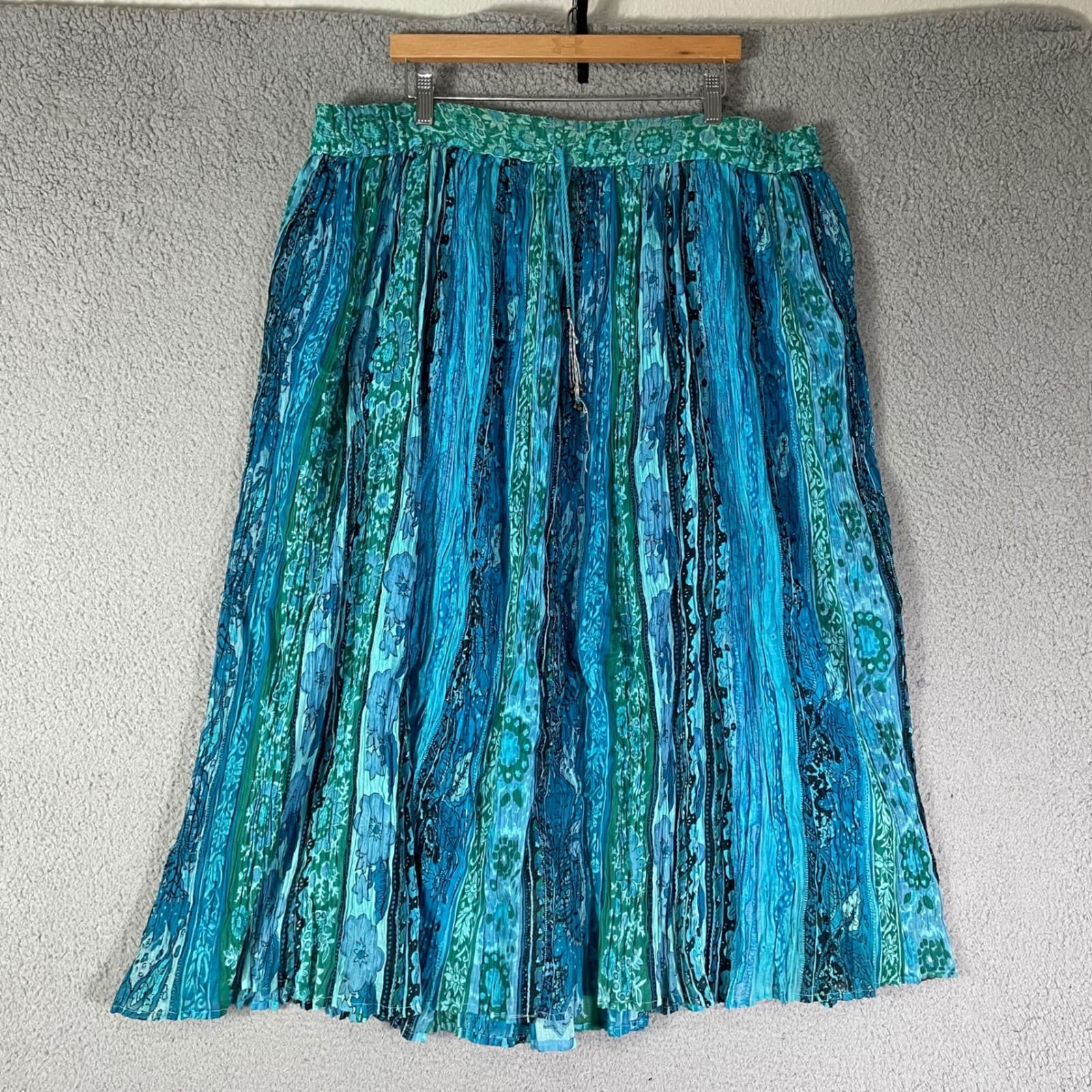 Silver Stream Boho Maxi Skirt Blue Teal Crinkle Cotton Drawstring - Thumbnail 5