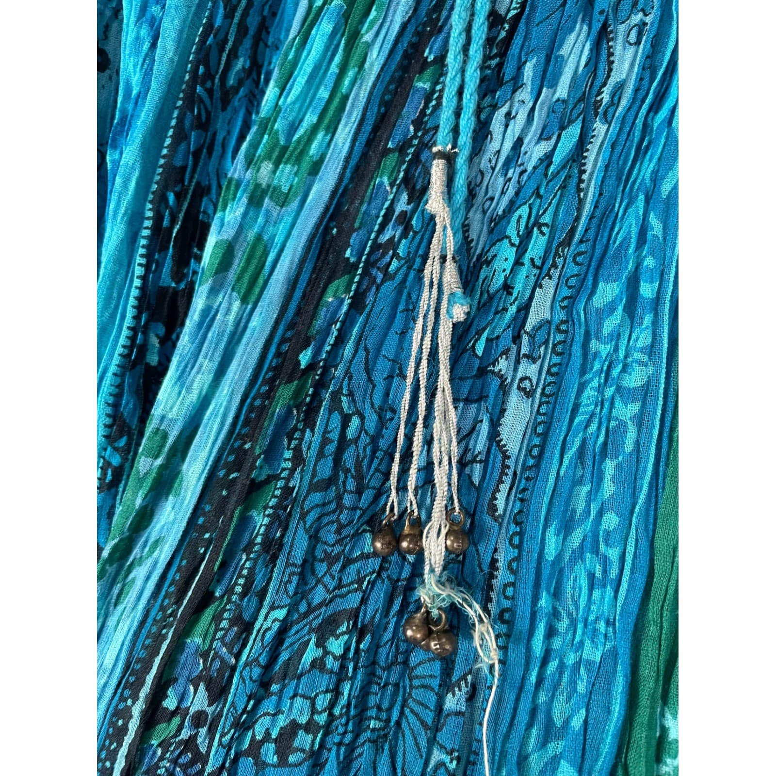 Silver Stream Boho Maxi Skirt Blue Teal Crinkle Cotton Drawstring - Thumbnail 7
