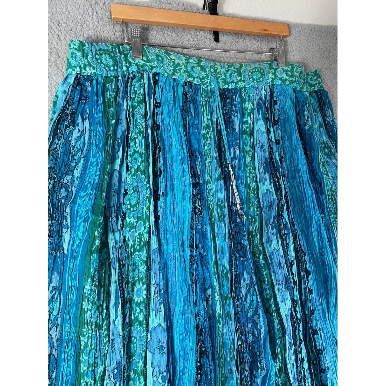 Silver Stream Boho Maxi Skirt Blue Teal Crinkle Cotton Drawstring - Thumbnail 8