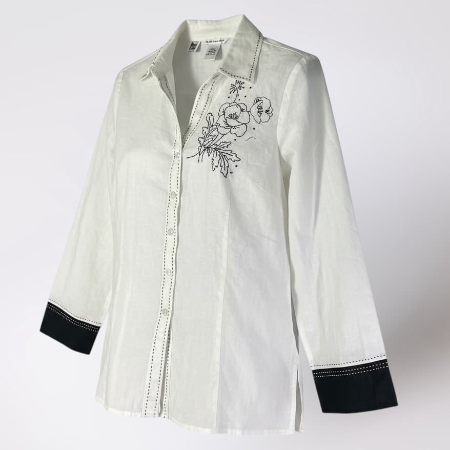 Richard Malcolm Irish Linen Blouse White Floral Embroidered Button Up L