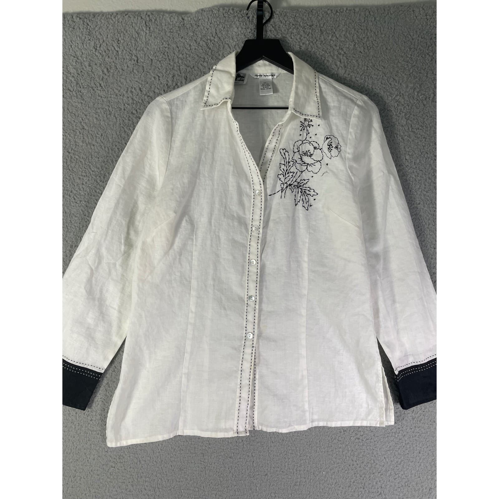 Richard Malcolm Irish Linen Blouse White Floral Embroidered Button Up L - Thumbnail 3