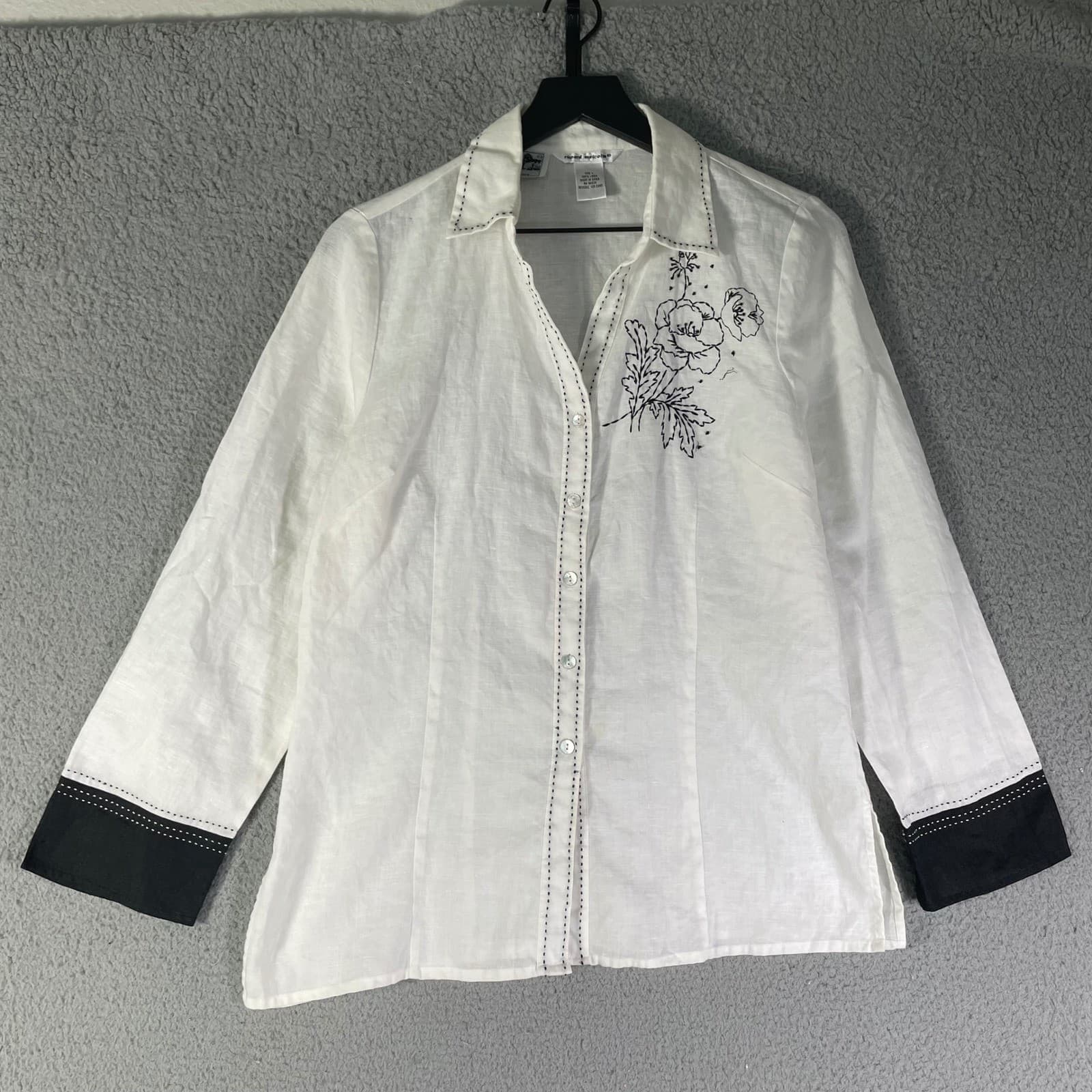 Richard Malcolm Irish Linen Blouse White Floral Embroidered Button Up L - Thumbnail 2