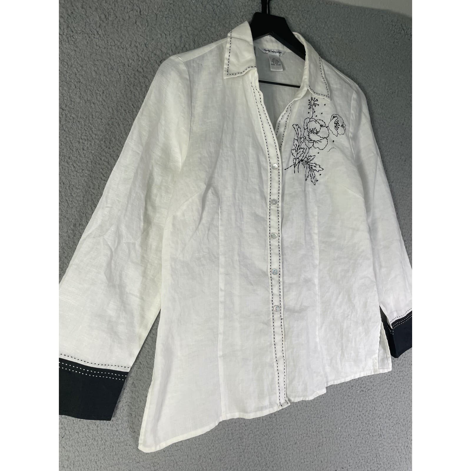 Richard Malcolm Irish Linen Blouse White Floral Embroidered Button Up L - Thumbnail 10