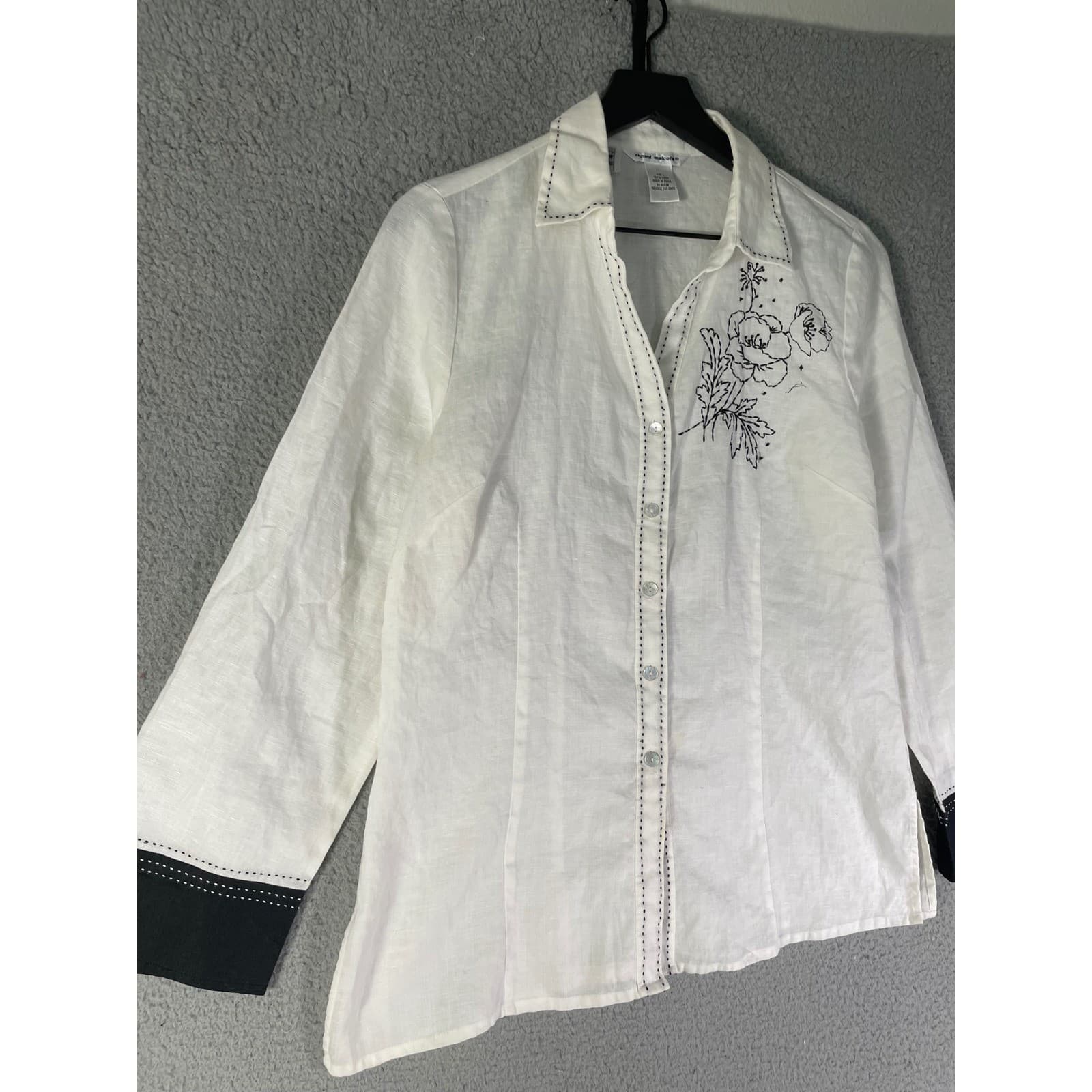 Richard Malcolm Irish Linen Blouse White Floral Embroidered Button Up L - Thumbnail 4