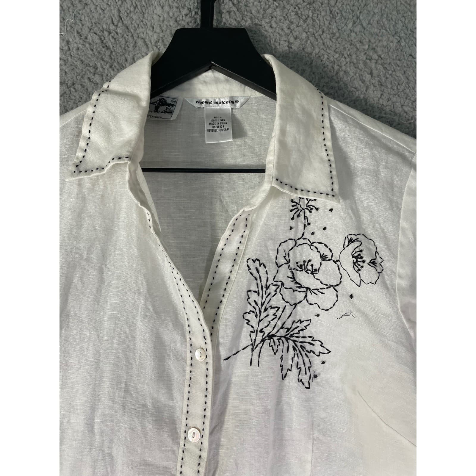 Richard Malcolm Irish Linen Blouse White Floral Embroidered Button Up L - Thumbnail 5