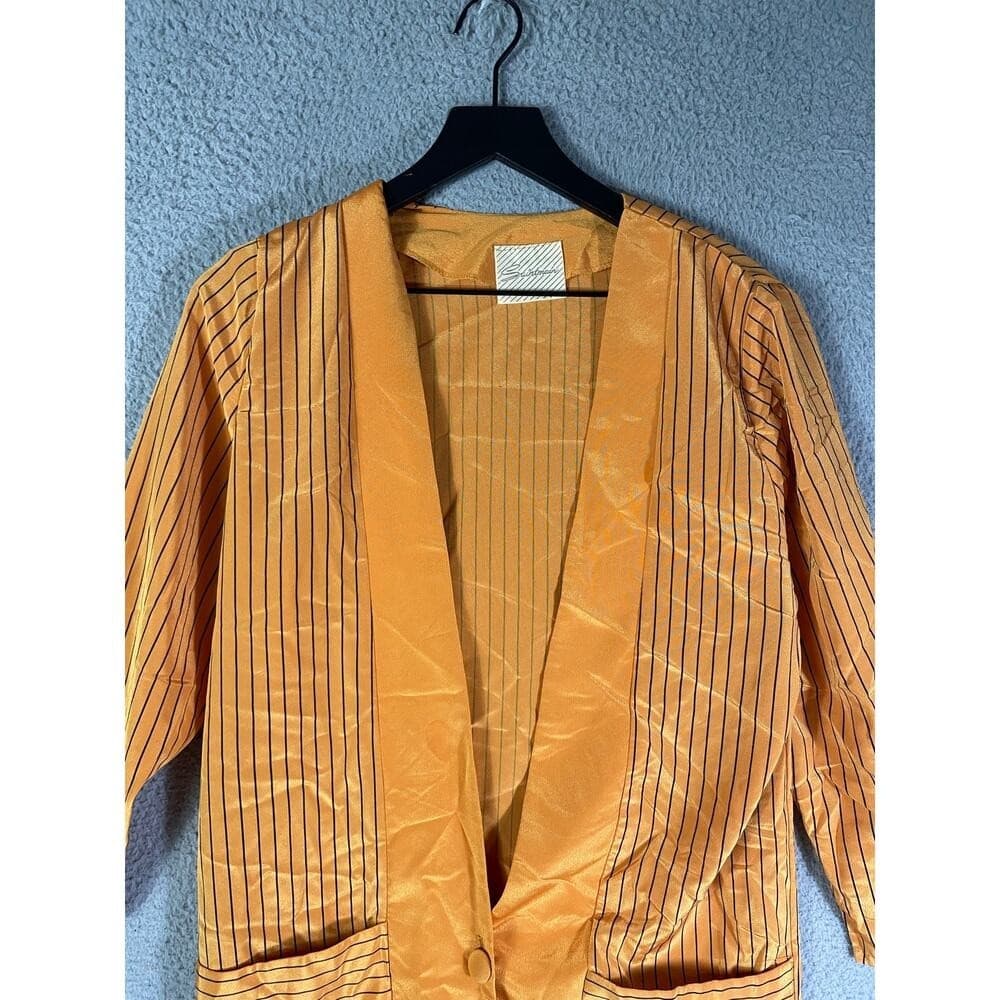 Vintage Saintmain Gold Striped Blazer Womens M Satin Trim 3/4 Sleeve Jacket - Thumbnail 6