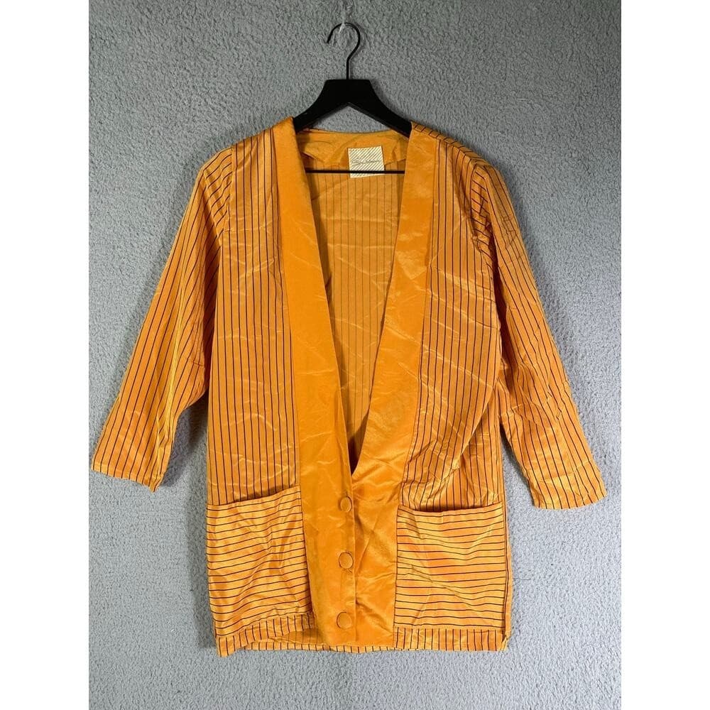 Vintage Saintmain Gold Striped Blazer Womens M Satin Trim 3/4 Sleeve Jacket - Thumbnail 2
