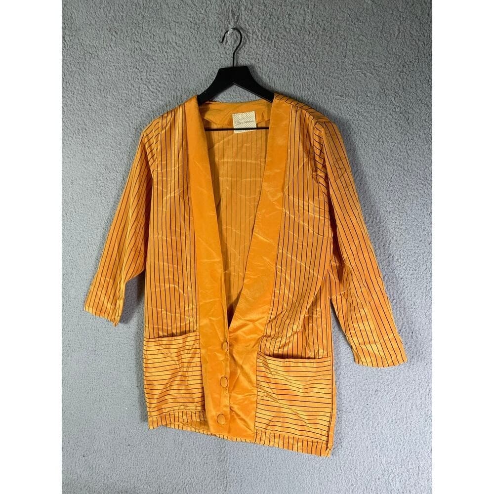Vintage Saintmain Gold Striped Blazer Womens M Satin Trim 3/4 Sleeve Jacket - Thumbnail 4