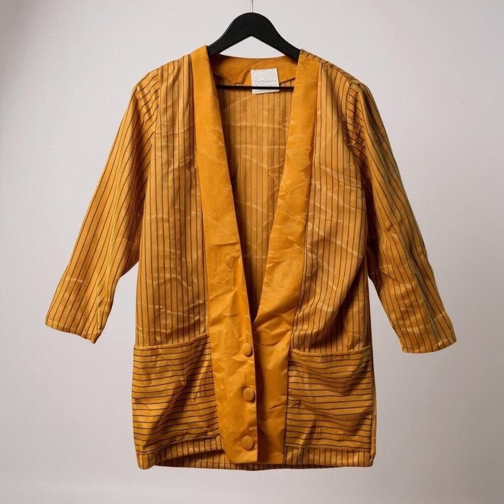Vintage Saintmain Gold Striped Blazer Womens M Satin Trim 3/4 Sleeve Jacket - Thumbnail 9