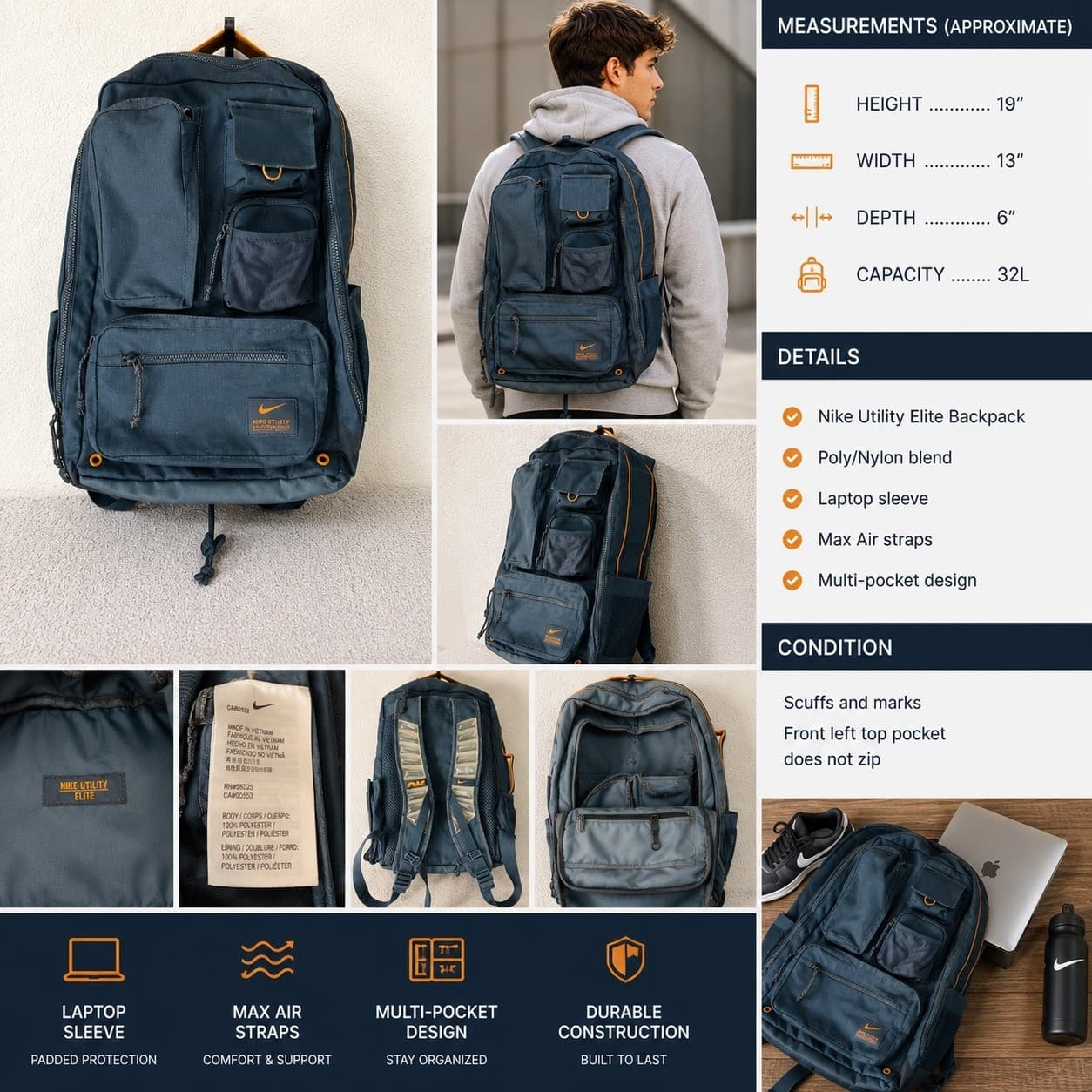 Nike Utility Elite Backpack Navy Blue Orange Training Gym Laptop Bag Air Max - Thumbnail 2