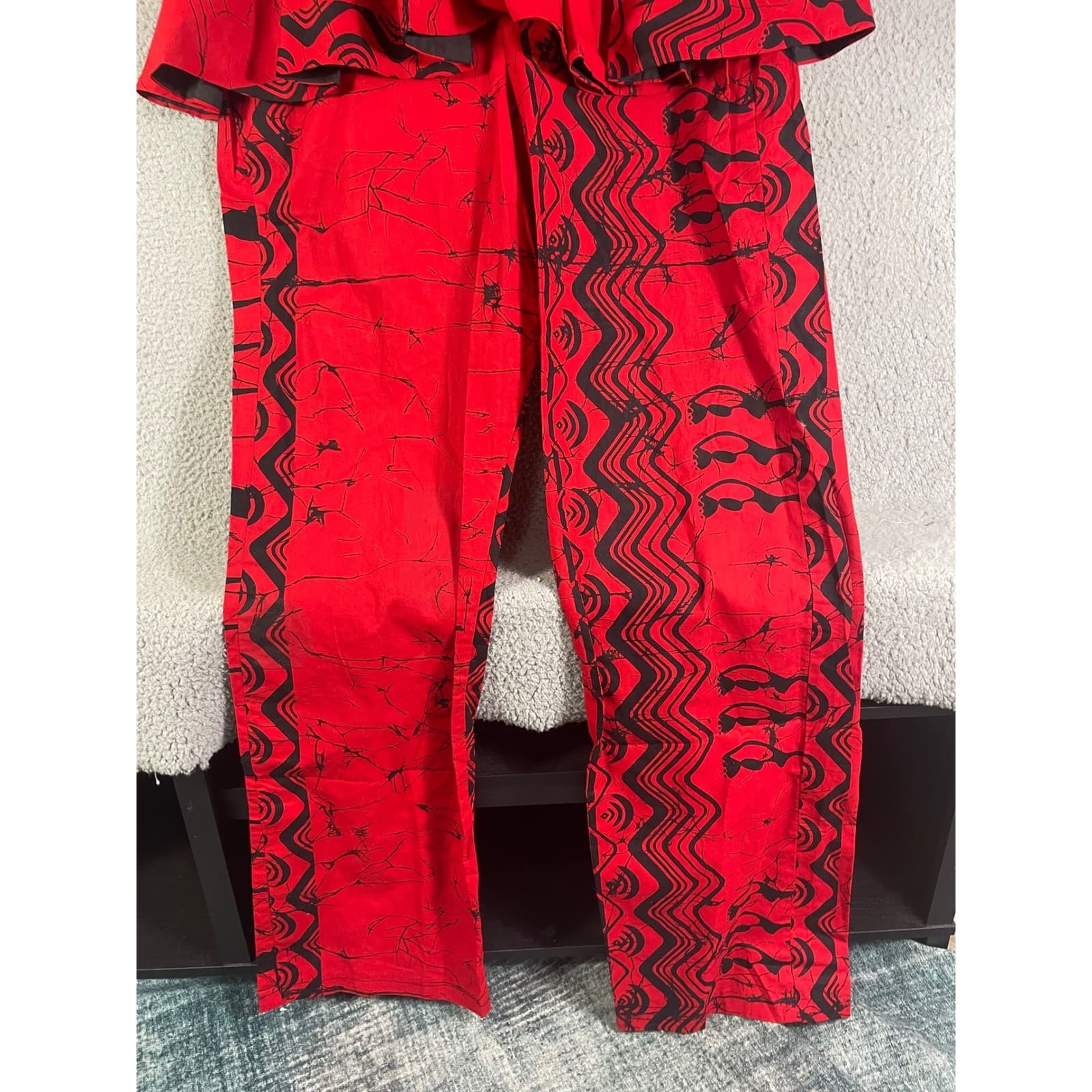 Vintage Costume Red Peplum Wrap Jumpsuit African Batik Acacia Tree Print Tall XL - Thumbnail 7