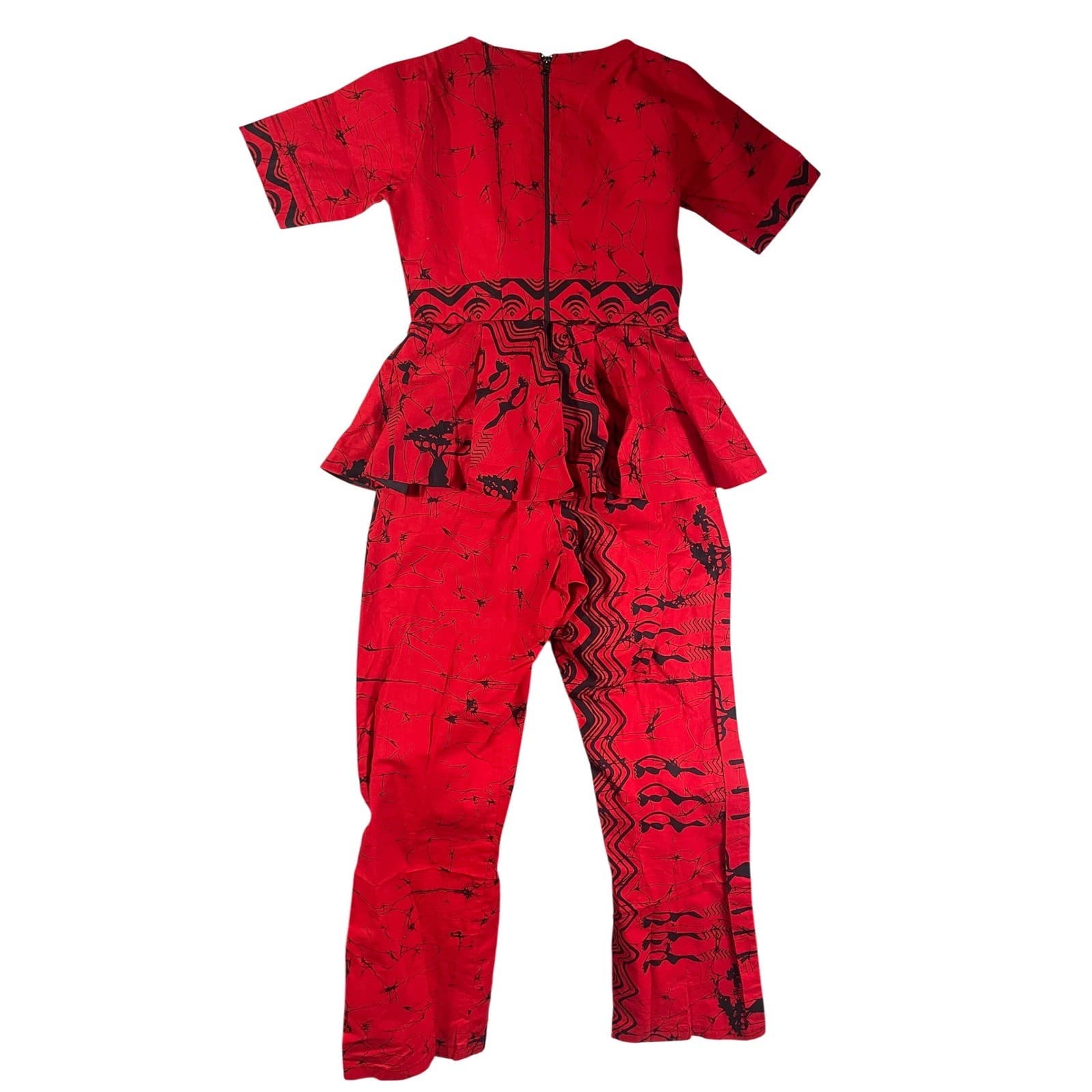Vintage Costume Red Peplum Wrap Jumpsuit African Batik Acacia Tree Print Tall XL - Thumbnail 2