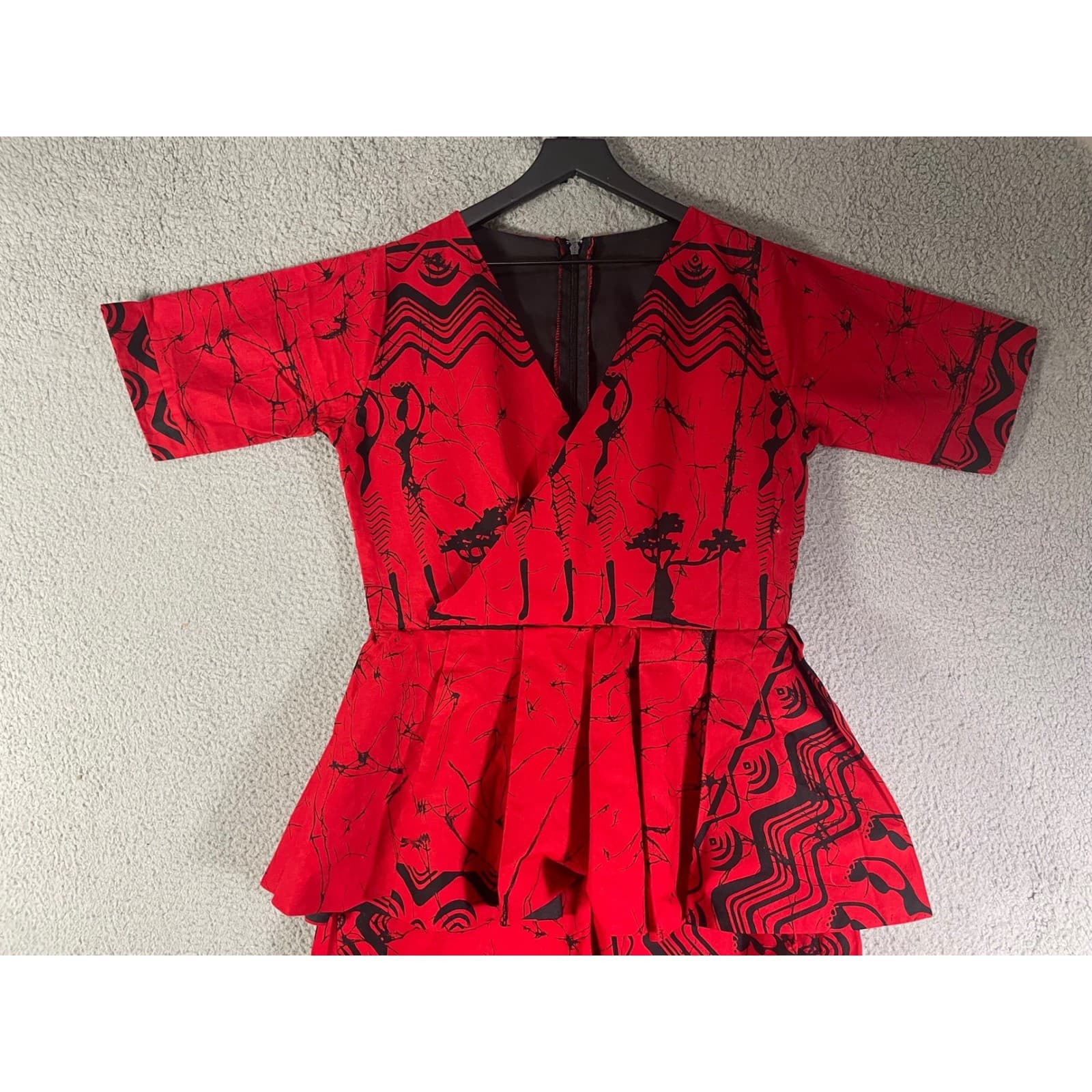Vintage Costume Red Peplum Wrap Jumpsuit African Batik Acacia Tree Print Tall XL - Thumbnail 10