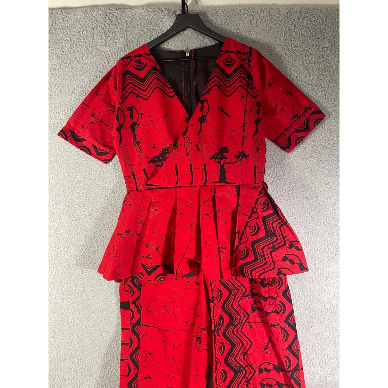 Vintage Costume Red Peplum Wrap Jumpsuit African Batik Acacia Tree Print Tall XL - Thumbnail 6