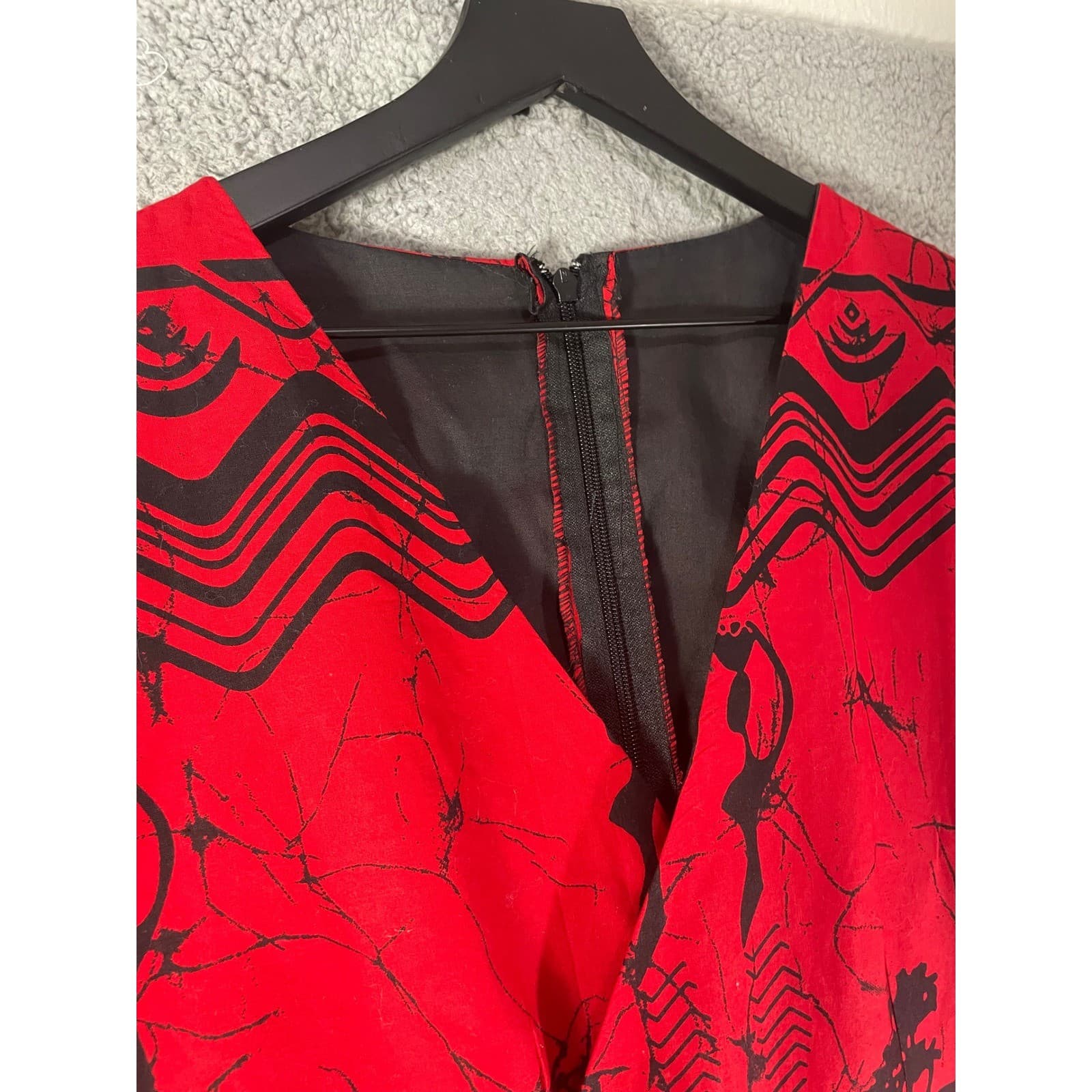 Vintage Costume Red Peplum Wrap Jumpsuit African Batik Acacia Tree Print Tall XL - Thumbnail 9