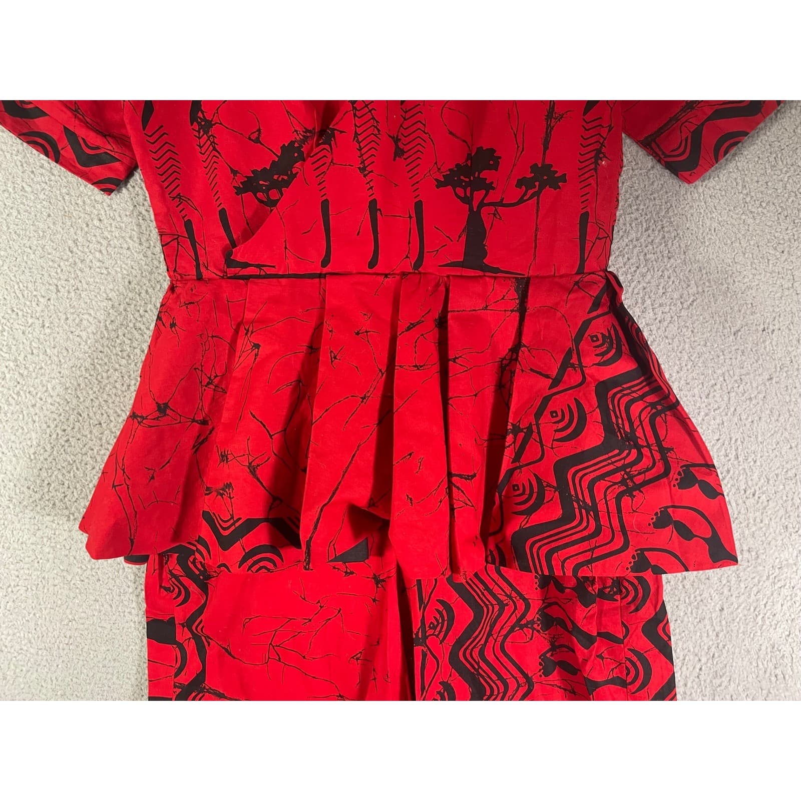 Vintage Costume Red Peplum Wrap Jumpsuit African Batik Acacia Tree Print Tall XL - Thumbnail 8