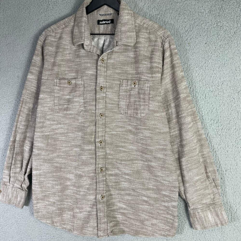 Solaris Mens XL Long Sleeve Button Shirt Beige Cotton Casual Collared Top - Thumbnail 3