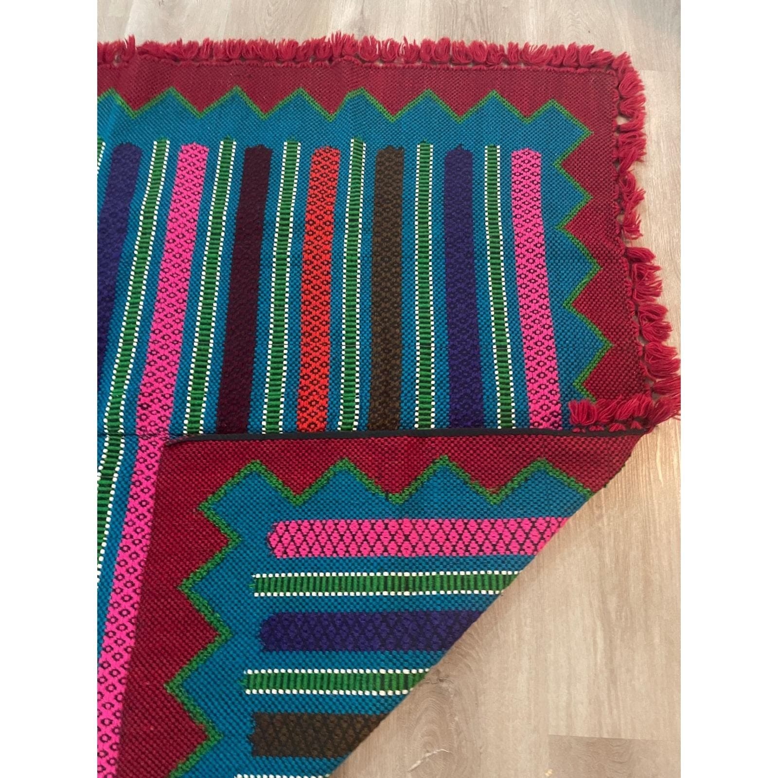 Vintage Mayan Blanket Rug Guatemalan Mexican Wool Frazada Striped Fringe - Thumbnail 9