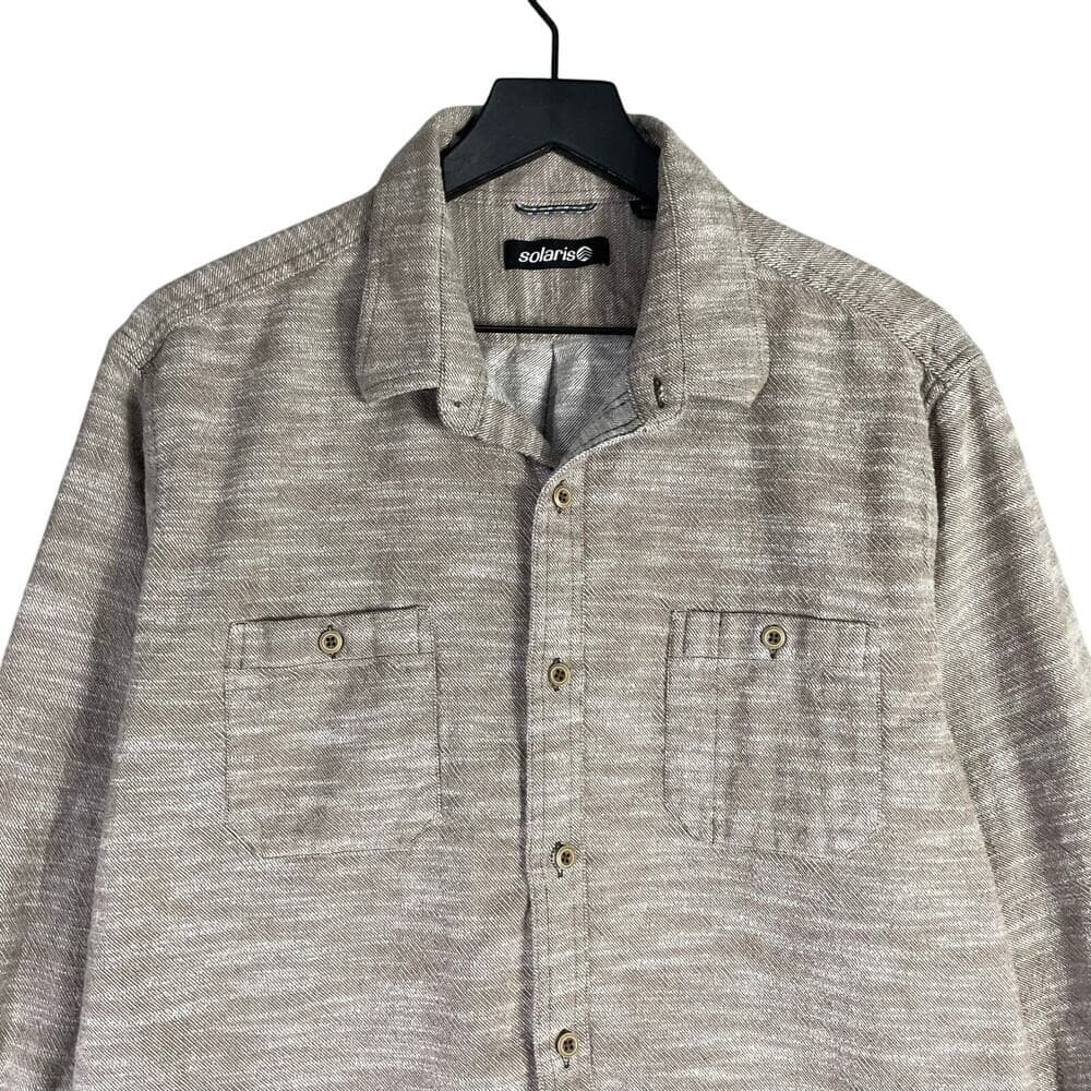 Solaris Mens XL Long Sleeve Button Shirt Beige Cotton Casual Collared Top - Thumbnail 2