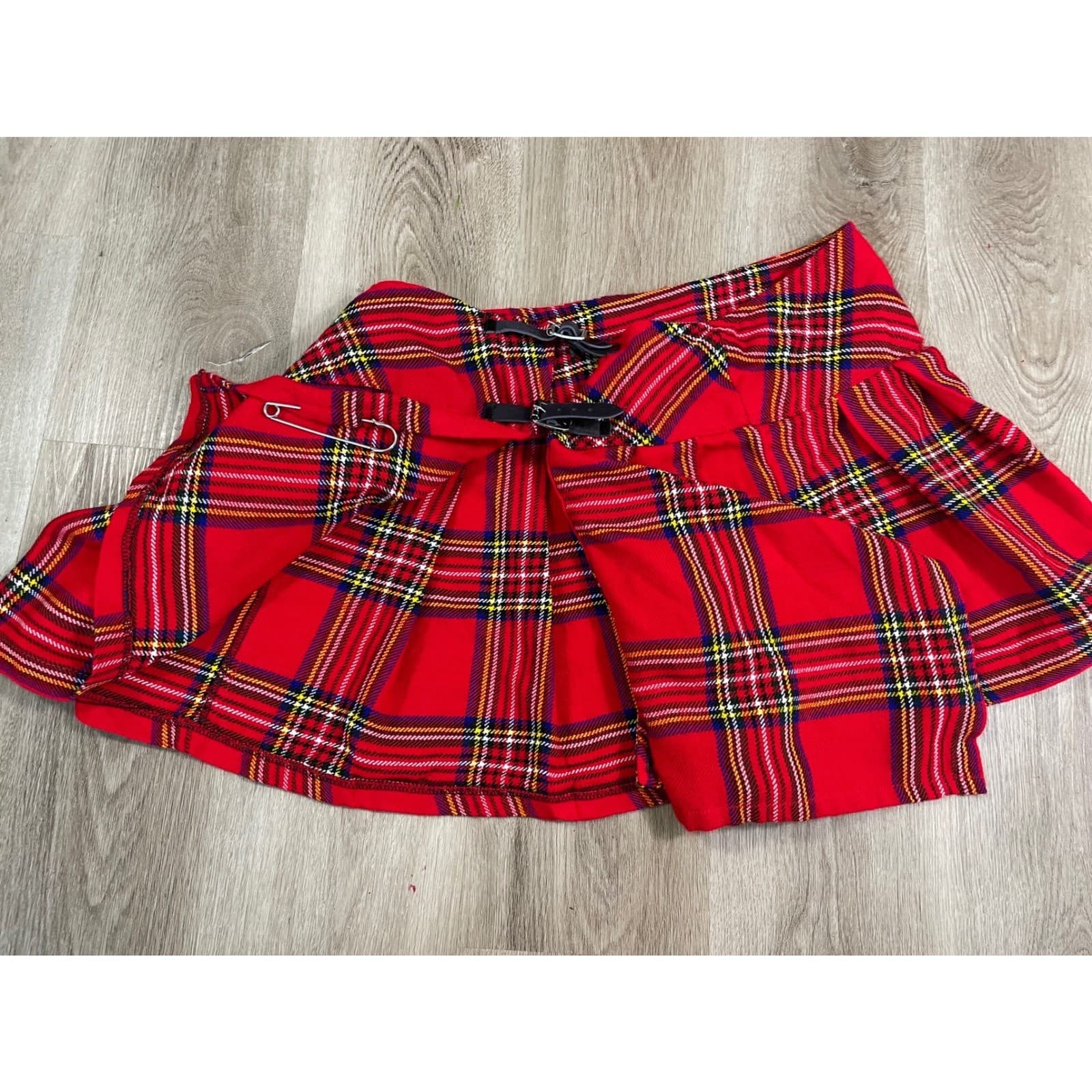 Red Tartan Plaid Kilt Skirt Buckle Detail Mini Skirt Size 46 - Thumbnail 11