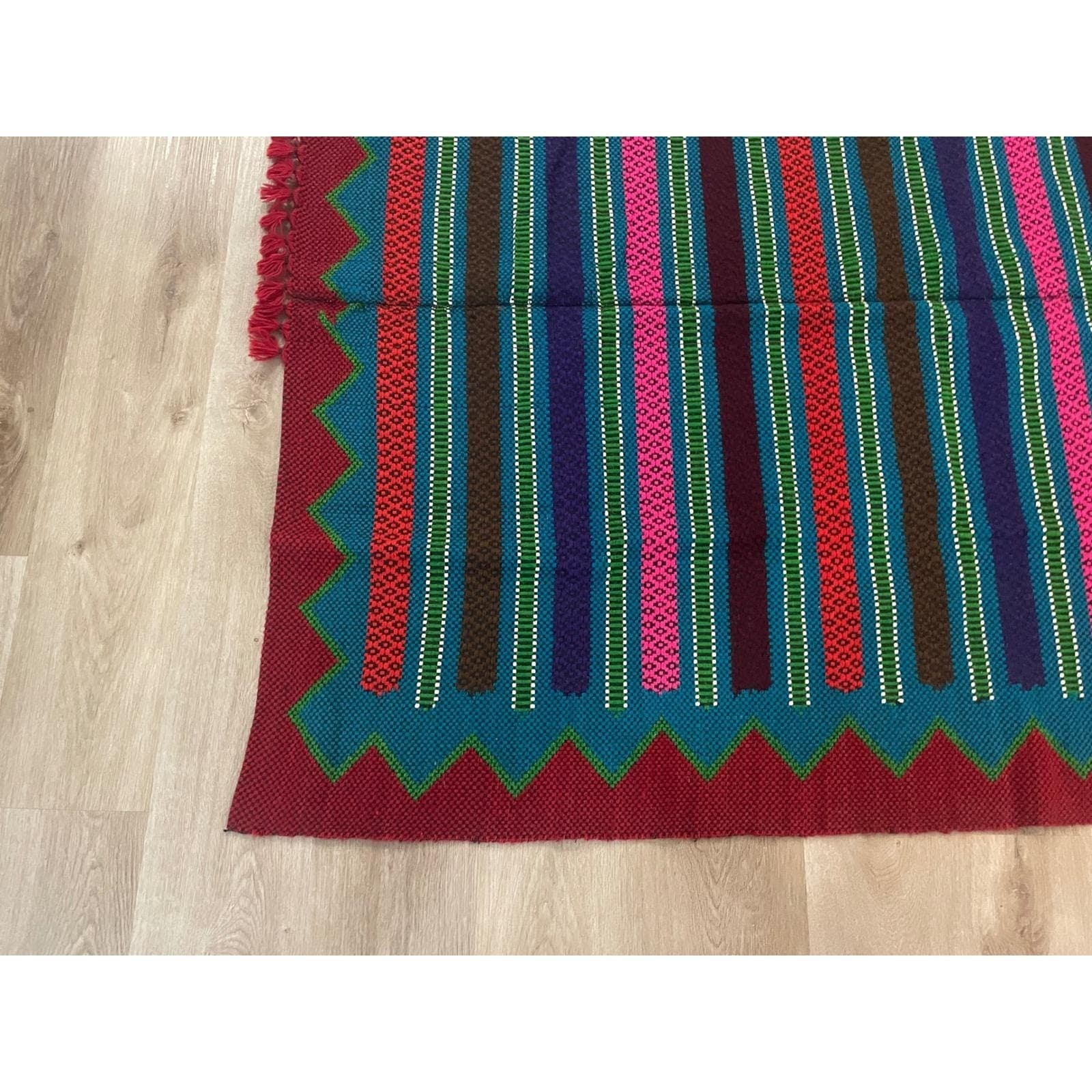 Vintage Mayan Blanket Rug Guatemalan Mexican Wool Frazada Striped Fringe - Thumbnail 5