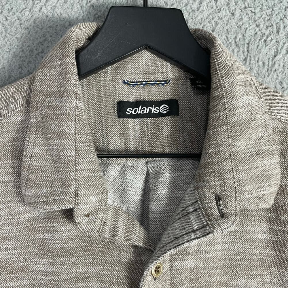 Solaris Mens XL Long Sleeve Button Shirt Beige Cotton Casual Collared Top - Thumbnail 5