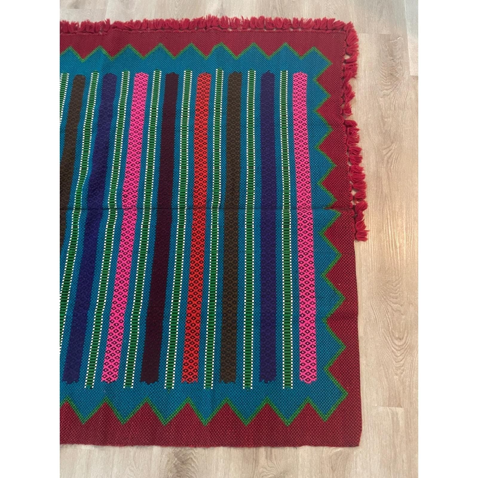Vintage Mayan Blanket Rug Guatemalan Mexican Wool Frazada Striped Fringe - Thumbnail 7