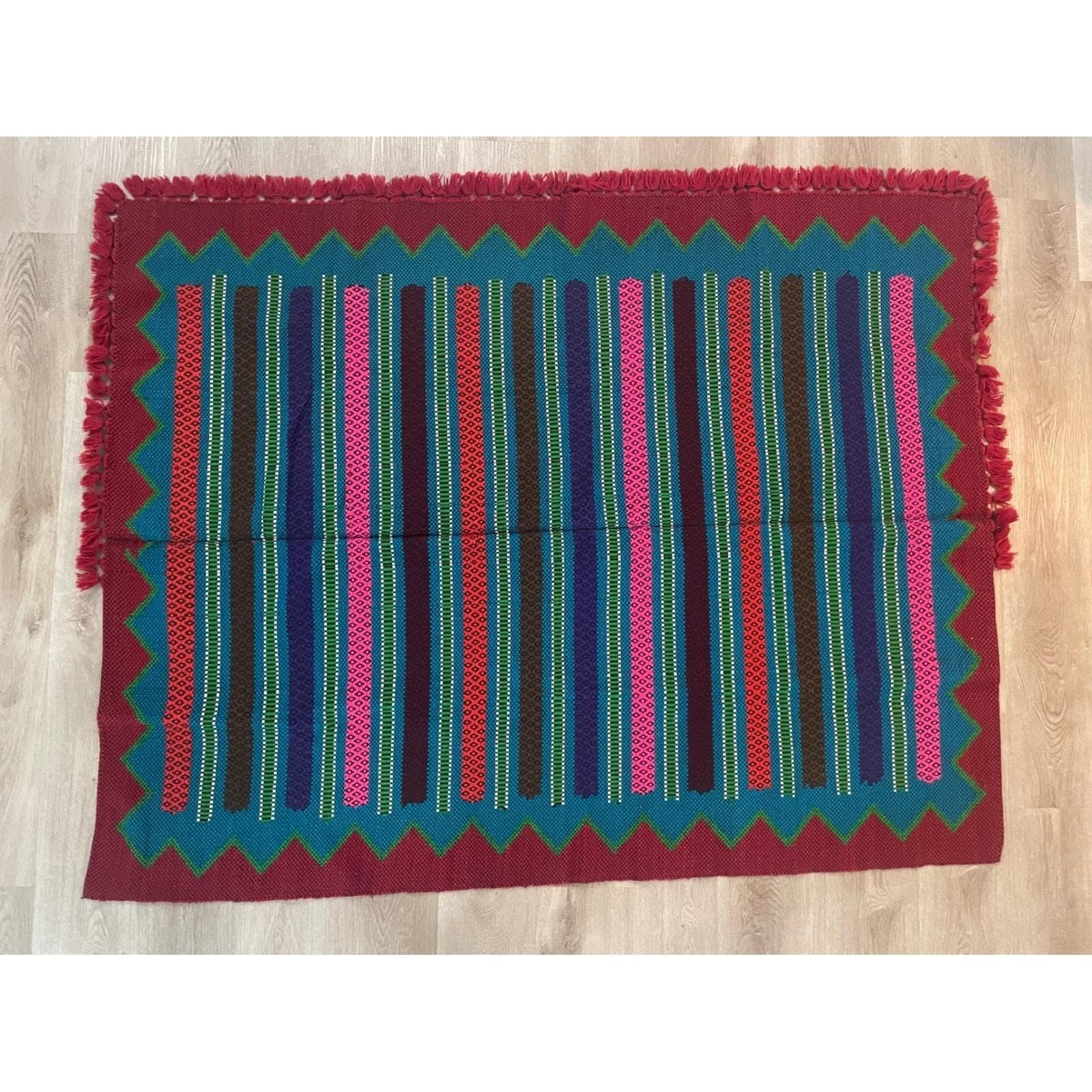 Vintage Mayan Blanket Rug Guatemalan Mexican Wool Frazada Striped Fringe - Thumbnail 3