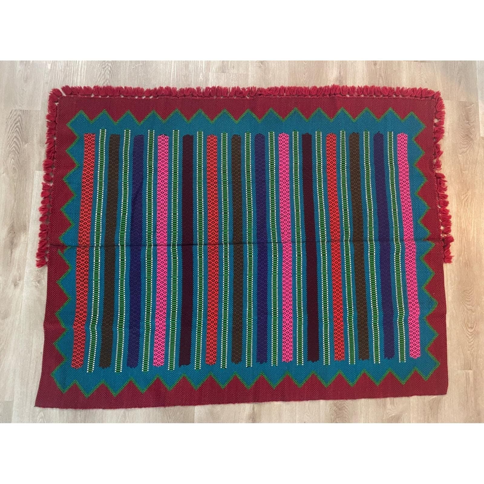 Vintage Mayan Blanket Rug Guatemalan Mexican Wool Frazada Striped Fringe - Thumbnail 4