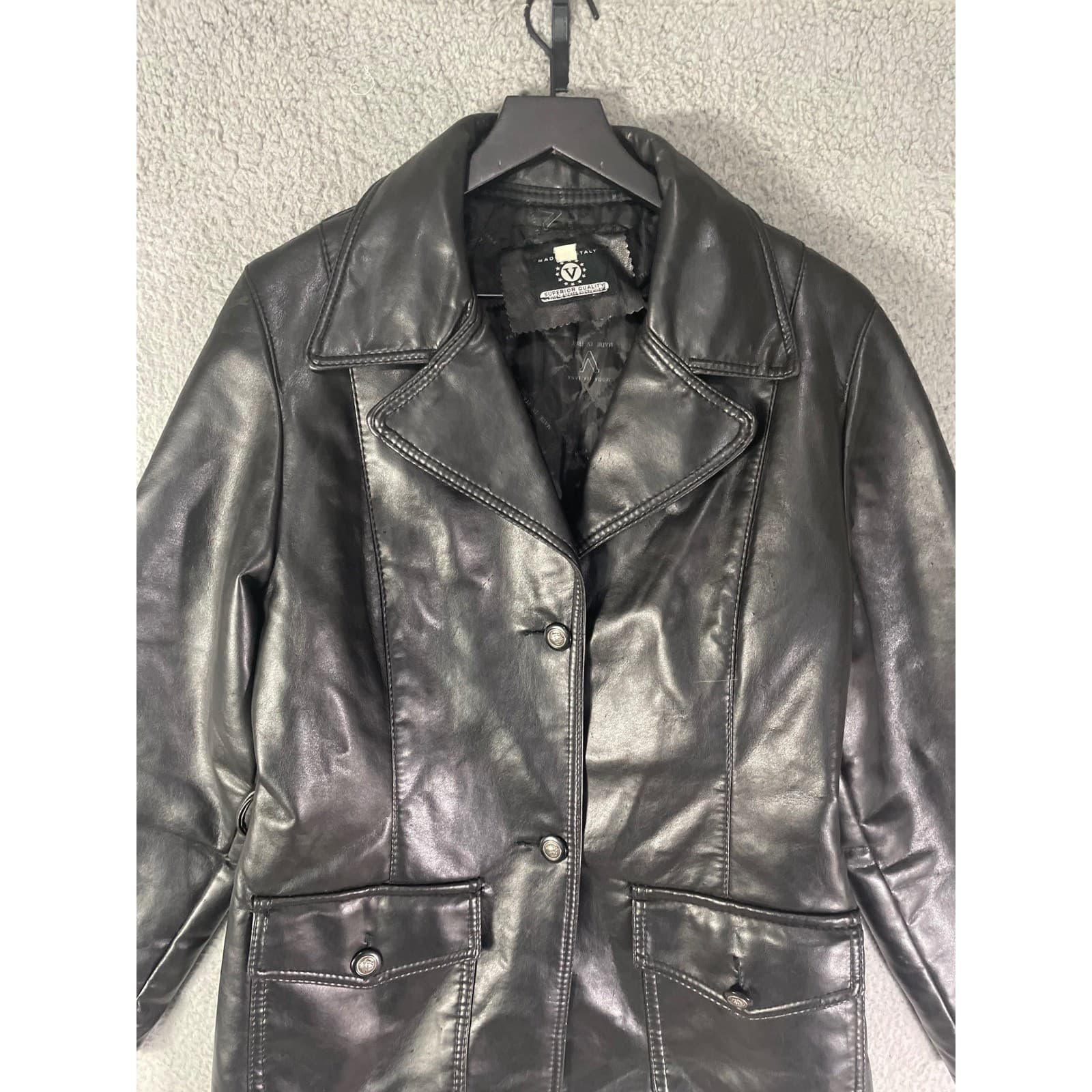 Made Italy Vintage Faux Leather Jacket Womens XL Black Oversized Moto Coat - Thumbnail 9