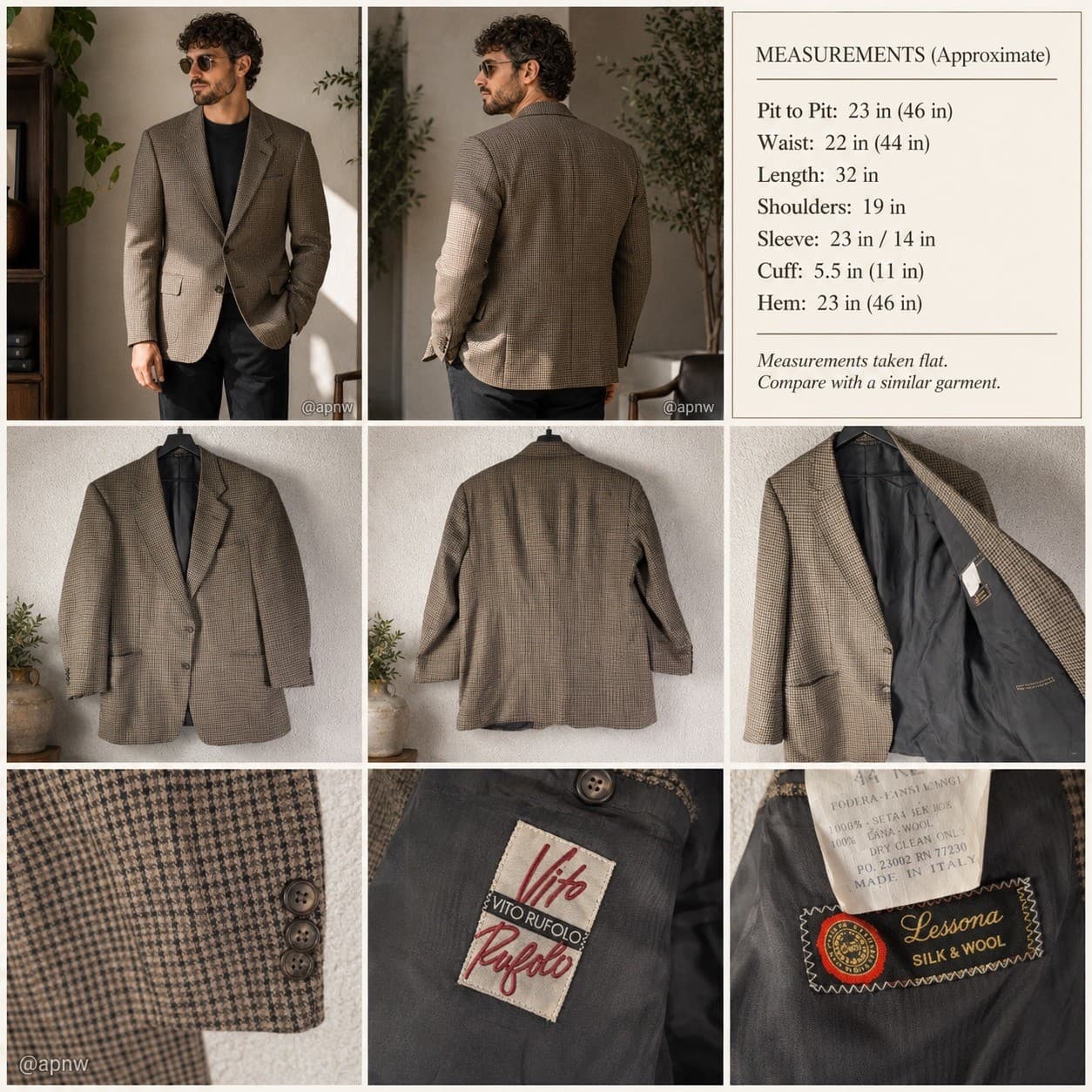 Mens 44R Vito Rufolo Houndstooth Wool Sport Coat Blazer Made Italy Brown Gray - Thumbnail 2