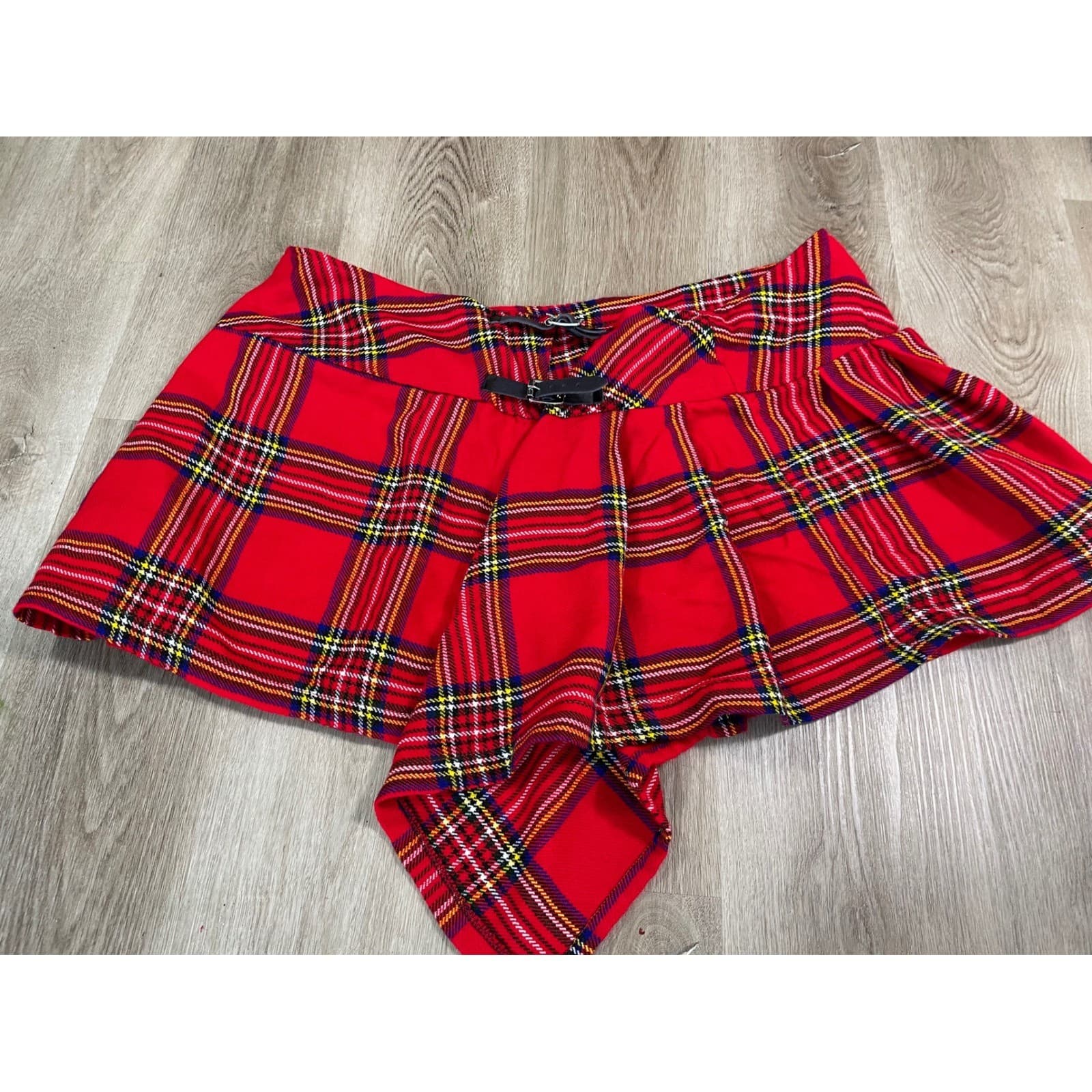 Red Tartan Plaid Kilt Skirt Buckle Detail Mini Skirt Size 46 - Thumbnail 5