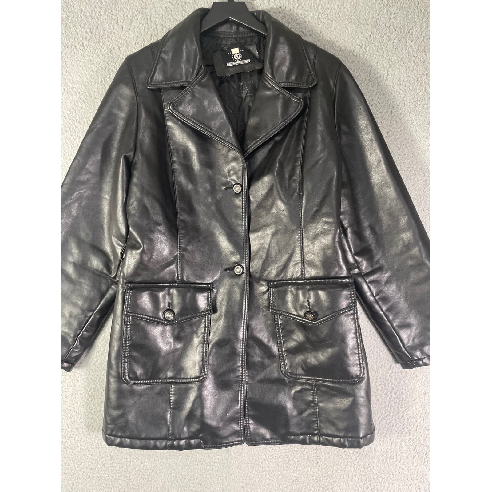 Made Italy Vintage Faux Leather Jacket Womens XL Black Oversized Moto Coat - Thumbnail 7